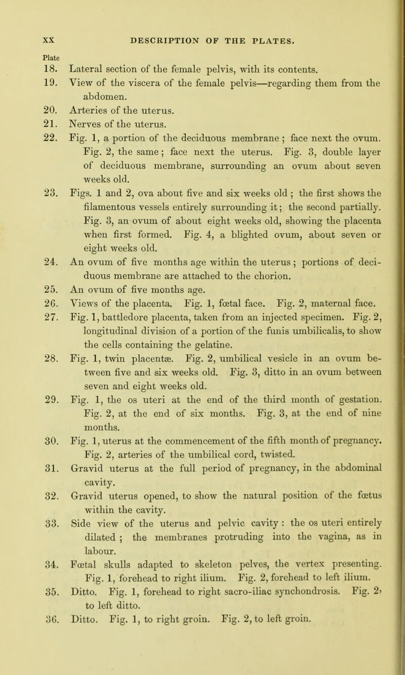 Plate 18. Lateral section of the female pelvis, with its contents. 19. View of the viscera of the female pelvis—regarding them from the abdomen. 20. Arteries of the uterus. 21. Nerves of the uterus. 22. Fig. 1, a portion of the deciduous membrane ; face next the ovum. Fig. 2, the same; face next the uterus. Fig. 3, double layer of deciduous membrane, surrounding an oviim about seven weeks old. 23. Figs. 1 and 2, ova about five and six weeks old ; the first shows the filamentous vessels entirely surrounding it; the second partially. Fig. 3, an ovum of about eight weeks old, showing the placenta when first formed. Fig. 4, a blighted ovum, about seven or eight weeks old. 24. An ovum of five months age within the uterus ; portions of deci- duous membrane are attached to the chorion. 25. An ovum of five months age. 26. Views of the placenta. Fig. 1, foetal face. Fig. 2, maternal face. 27. Fig. 1, battledore placenta, taken from an injected specimen. Fig. 2, longitudinal division of a portion of the funis umbilicaHs, to show the ceUs containing the gelatine. 28. Fig. 1, twin placentse. Fig. 2, umbilical vesicle in an ovum be- tween five and six weeks old. Fig. 3, ditto in an ovum between seven and eight weeks old. 29. Fig. 1, the os uteri at the end of the third month of gestation. Fig. 2, at the end of six months. Fig. 3, at the end of nine months. 30. Fig. 1, uterus at the commencement of the fifth month of pregnancy. Fig. 2, arteries of the umbilical cord, twisted. 31. Gravid uterus at the full period of pregnancy, in the abdominal cavity. 32. Gravid uterus opened, to show the natural position of the foetus within the cavity. 33. Side view of the uterus and pelvic cavity : the os uteri entirely dilated ; the membranes protruding into the vagina, as in labour. 34. Fcetal skulls adapted to skeleton pelves, the vertex presenting. Fig. 1, forehead to right ilium. Fig. 2, forehead to left ilium. 35. Ditto. Fig. 1, forehead to right sacro-iliac synchondrosis. Fig. 2> to left ditto. 30. Ditto. Fig. 1, to right groin. Fig. 2, to left groin.