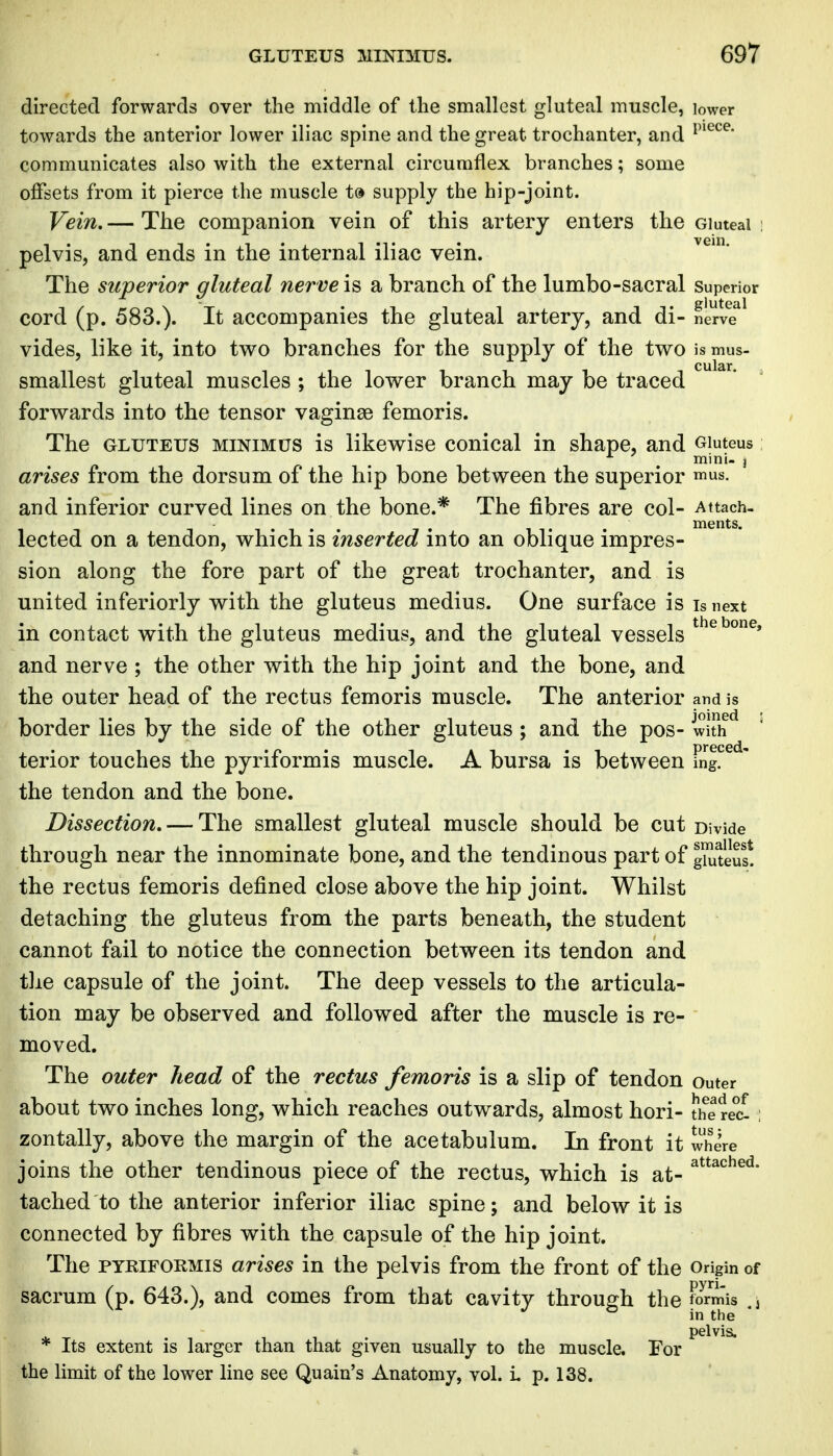 directed forwards over the middle of the smallest gluteal muscle, lower towards the anterior lower iliac spine and the great trochanter, and communicates also with the external circumflex branches; some offsets from it pierce the muscle t» supply the hip-joint. Vein, — The companion vein of this artery enters the Gluteal : pelvis, and ends in the internal iliac vein. The superior gluteal nerve is a branch of the lumbo-sacral superior cord (p. 583.). It accompanies the gluteal artery, and di- nerlT^ vides, like it, into two branches for the supply of the two is mus- smallest gluteal muscles ; the lower branch may be traced forwards into the tensor vaginse femoris. The GLUTEUS MINIMUS is likewise conical in shape, and Gluteus ^ mini- j arises from the dorsum of the hip bone between the superior ^^s. and inferior curved lines on the bone.* The fibres are col- Attach- ments. lected on a tendon, which is inserted into an oblique impres- sion along the fore part of the great trochanter, and is united inferiorly with the gluteus medius. One surface is is next in contact with the gluteus medius, and the gluteal vessels and nerve ; the other with the hip joint and the bone, and the outer head of the rectus femoris muscle. The anterior and is border lies by the side of the other gluteus; and the pos- with^ terior touches the pyriformis muscle. A bursa is between fn|!^^'^' the tendon and the bone. Dissection. — The smallest gluteal muscle should be cut Divide through near the innominate bone, and the tendinous part of ghSeus! the rectus femoris defined close above the hip joint. Whilst detaching the gluteus from the parts beneath, the student cannot fail to notice the connection between its tendon and tlie capsule of the joint. The deep vessels to the articula- tion may be observed and followed after the muscle is re- moved. The outer head of the rectus femoris is a slip of tendon outer about two inches long, which reaches outwards, almost hori- the rec- zontally, above the margin of the acetabulum. In front it where joins the other tendinous piece of the rectus, which is at- tached to the anterior inferior iliac spine; and below it is connected by fibres with the capsule of the hip joint. The PYRIFORMIS arises in the pelvis from the front of the Origin of sacrum (p. 643.), and comes from that cavity through the f'oVmis in the pelvis. * Its extent is larger than that given usually to the muscle. For the limit of the lower line see Quain's Anatomy, vol. L p. 138.