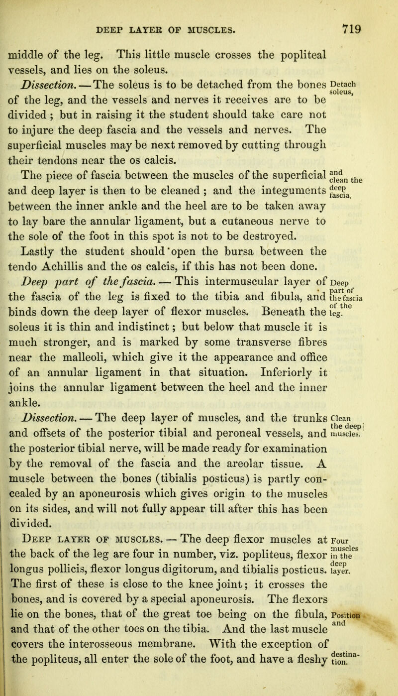 middle of the leg. This little muscle crosses the popliteal vessels, and lies on the soleus. Dissection. — The soleus is to be detached from the bones Detach soleus, of the leg, and the vessels and nerves it receives are to be divided ; but in raising it the student should take care not to injure the deep fascia and the vessels and nerves. The superficial muscles may be next removed by cutting through their tendons near the os calcis. The piece of fascia between the muscles of the superficial ^j^^^ ^.^^^ and deep layer is then to be cleaned ; and the integuments ^^^^^^ between the inner ankle and the heel are to be taken away to lay bare the annular ligament, but a cutaneous nerve to the sole of the foot in this spot is not to be destroyed. Lastly the student should*open the bursa between the tendo Achillis and the os calcis, if this has not been done. Deep part of the fascia. — This intermuscular layer of Deep the fascia of the leg is fixed to the tibia and fibula, and theficia binds down the deep layer of flexor muscles. Beneath the feg. ^ soleus it is thin and indistinct; but below that muscle it is much stronger, and is marked by some transverse fibres near the malleoli, which give it the appearance and office of an annular ligament in that situation. Inferiorly it joins the annular ligament between the heel and the inner ankle. Dissection. — The deep layer of muscles, and the trunks clean , , the deep i and offsets of the posterior tibial and peroneal vessels, and muscles, the posterior tibial nerve, will be made ready for examination by the removal of the fascia and the areolar tissue. A muscle between the bones (tibialis posticus) is partly con- cealed by an aponeurosis which gives origin to the muscles on its sides, and will not fully appear till after this has been divided. Deep latek of muscles. — The deep flexor muscles at Four the back of the leg are four in number, viz. popliteus, flexor SThe^^ longus pollicis, flexor longus digitorum, and tibialis posticus. fayTr. The first of these is close to the knee joint; it crosses the bones, and is covered by a special aponeurosis. The flexors lie on the bones, that of the great toe being on the fibula, Position and that of the other toes on the tibia. And the last muscle covers the interosseous membrane. With the exception of the popliteus, all enter the sole of the foot, and have a fleshy ?fon!^'