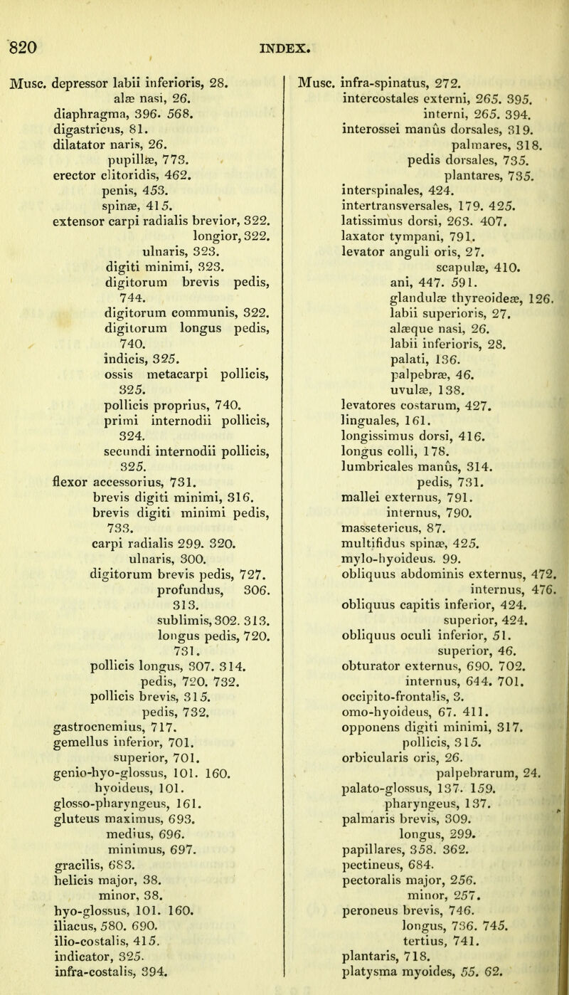 Muse, depressor labii inferioris, 28. alse nasi, 26. diaphragma, 396. 568. digastricus, 81. dilatator naris, 26. pupillse, 773. erector clitoridis, 462. penis, 453. spinse, 41 5. extensor carpi radialis brevior, 322. longior, 322. ulnaris, 323. digiti minimi, 323. ' digitorum brevis pedis, 744. digitorum communis, 322. digitorum longus pedis, 740. indicis, 325. ossis metacarpi pollicis, 325. pollicis proprius, 740. primi internodii pollicis, 324. secundi internodii pollicis, 325. flexor accessorius, 731. brevis digiti minimi, 316. brevis digiti minimi pedis, 733. carpi radialis 299. 320. ulnaris, 300. digitorum brevis pedis, 727. profundus, 306. 313. sublimis, 302. 313. longus pedis, 720. 731, pollicis longus, 307. 314. pedis, 720. 732. pollicis brevis, 315. pedis, 732. gastrocnemius, 717. gemellus inferior, 701. superior, 701. genio-hyo-glossus, 101. 160. hyoideus, 101. glosso-pharyngeus, 161. gluteus maximus, 693. medius, 696. minimus, 697. gracilis, 683. helicis major, 38. minor, 38. hyo-glossus, 101. 160. iliacus, 580. 690. ilio-costalis, 415. indicator, 325. infra-costalis, 394. Muse, infra-spinatus, 272. intercostales externi, 265. 395. interni, 265. 394. interossei maniis dorsales, 319. palmares, 318. pedis dorsales, 735. plantares, 735. interspinales, 424. intertransversales, 179. 425. latissimus dorsi, 263. 407. laxator tympani, 791. levator anguli oris, 27. scapulae, 410. ani, 447. 591. glandulae thyreoideag, 126. labii superioris, 27, alasque nasi, 26. labii inferioris, 28, palati, 136. palpebrae, 46, uvul^, 138, levatores costarum, 427. linguales, 161. longissimus dorsi, 416. longus colli, 178. lumbricales manus, 314. pedis, 731. mallei externus, 791. internus, 790. massetericus, 87. multifidus spina?, 425. mylo-hyoideus. 99. obliquus abdominis externus, 472, internus, 476. obliquus capitis inferior, 424. superior, 424. obliquus oculi inferior, 51. superior, 46. obturator externus, 690. 702. internus, 644. 701. occipito-frontalis, 3. omo-hyoideus, 67. 411, opponens digiti minimi, 317. pollicis, 315. orbicularis oris, 26. palpebrarum, 24. palato-glossus, 137. 159. pharyngeus, 137. palmaris brevis, 309. longus, 299. papillares, 358. 362. pectineus, 684. pectoral is major, 256. minor, 257. peroneus brevis, 746. longus, 736. 745. tertius, 741. plantaris, 718. platysma myoides, 55. 62.