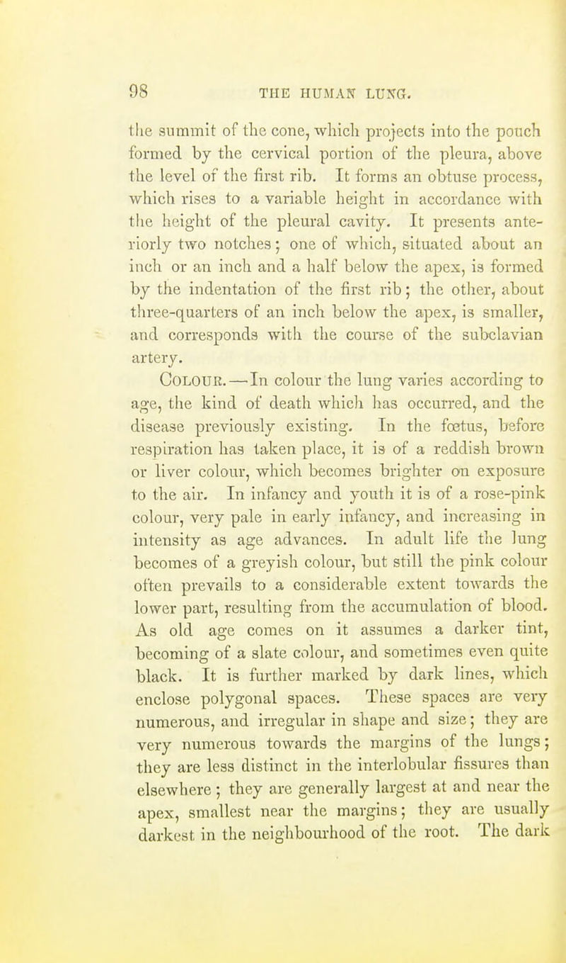 the summit of the cone, which projects into the pouch formed by the cervical portion of the pleura, above the level of the first rib. It forms an obtuse process, which rises to a variable height in accordance with the height of the plem-al cavity. It presents ante- riorly two notches; one of which, situated about an inch or an inch and a half below the apex, is formed by the indentation of the first rib; the other, about three-quarters of an inch below the apex, is smaller, and corresponds with the course of the subclavian artery. Colour.—'In colour the lung varies according to age, the kind of death which has occurred, and the disease previously existing. In the foetus, before respiration has taken place, it is of a reddish brown or liver colour, which becomes brighter on exposure to the air. In infancy and youth it is of a rose-pink colour, very pale in early infancy, and increasing in intensity as age advances. In adult life the lung becomes of a greyish colour, but still the pink colour often prevails to a considerable extent towards the lower part, resulting from the accumulation of blood. As old age comes on it assumes a darker tint, becoming of a slate Cvilour, and sometimes even quite black. It is further marked by dark lines, which enclose polygonal spaces. These spaces are very numerous, and irregular in shape and size; they are very numerous towards the margins of the lungs; they are less distinct in the interlobular fissures than elsewhere •, they are generally largest at and near the apex, smallest near the margins; they are usually darkest in the neighbourhood of the root. The dark