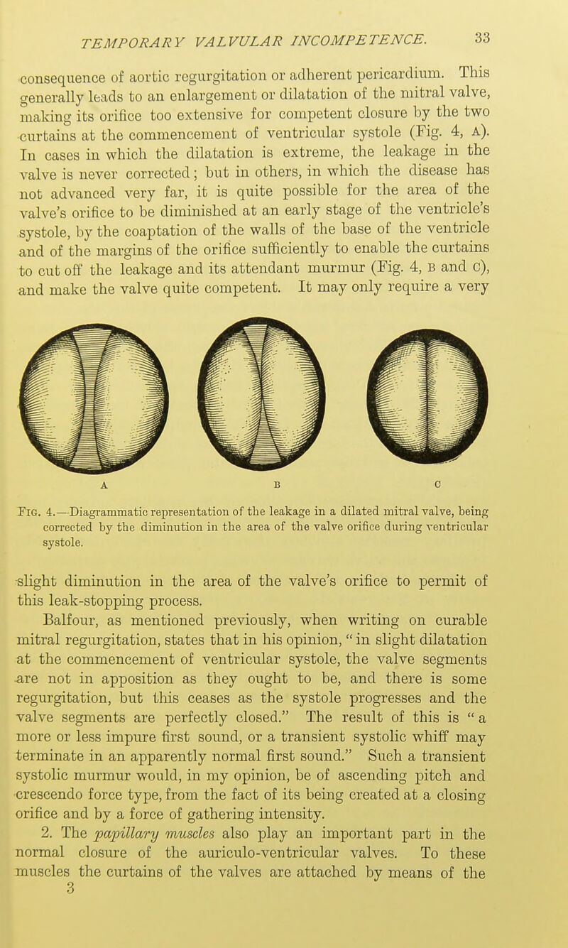 consequence of aortic regurgitation or adherent pericardium. This generally leads to an enlargement or dilatation of the mitral valve, making its orifice too extensive for competent closure by the two curtains at the commencement of ventricular systole (Fig. 4, a). In cases in which the dilatation is extreme, the leakage in the valve is never corrected; but in others, in which the disease has not advanced very far, it is quite possible for the area of the valve's orifice to be diminished at an early stage of the ventricle's systole, by the coaptation of the walls of the base of the ventricle and of the margins of the orifice sufficiently to enable the curtains to cut off the leakage and its attendant murmur (Fig. 4, B and c), and make the valve quite competent. It may only require a very A B C Fig. 4.—Diagrammatic representation of the leakage in a dilated mitral valve, being corrected by the diminution in the area of the valve orifice during ventricular systole. slight diminution in the area of the valve's orifice to permit of this leak-stopping process. Balfour, as mentioned previously, when writing on curable mitral regurgitation, states that in his opinion,  in slight dilatation at the commencement of ventricular systole, the valve segments are not in apposition as they ought to be, and there is some regurgitation, but this ceases as the systole progresses and the valve segments are perfectly closed. The result of this is  a more or less impure first sound, or a transient systolic whiff may terminate in an apparently normal first sound. Such a transient systolic murmur would, in my opinion, be of ascending pitch and crescendo force type, from the fact of its being created at a closing orifice and by a force of gathering intensity. 2. The papillary muscles also play an important part in the normal closure of the auriculo-ventricular valves. To these muscles the curtains of the valves are attached by means of the 3