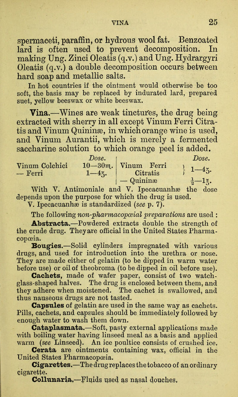 spermaceti, paraffin, or hydrous wool fat. Benzoated lard is often used to prevent decomposition. In making Xing. Zinci Oleatis (q.v.) and Ung. Hydrargyri Oleatis (q.v.) a double decomposition occurs between hard soap and metallic salts. In hot countries if the ointment would otherwise be too soft, the basis may be replaced by indurated lard, prepared suet, yellow beeswax or white beeswax. Vina.—Wines are weak tinctur'es, the drug being extracted with sherry in all except Vinum Ferri Citra- tis and Vinum Quininse, in which orange wine is used, and Vinum Aurantii, which is merely a fermented saccharine solution to which orange peel is added. With v. Antimoniale and V. Ipecacuanhas the dose depends upon the purpose for which the drug is used. V. Ipecacuanhse is standardized {see p. 7). The following non-phamacopceial preparations are used : Abstracta.—Powdered extracts double the strength of the crude drug. They are official in the United States Pharma- copoeia. Bougies.—Solid cylinders impregnated with various drugs, and used for introduction into the urethra or nose. They are made either of gelatin (to be dipped in warm water before use) or oil of theobroma (to be dipped in oil before use). Cachets, made of wafer paper, consist of two watch- glass-shaped halves. The drug is enclosed between them, and they adhere when moistened. The cachet is swallowed, and thus nauseous drugs are not tasted. Capsules of gelatin are used in the same way as cachets. Pills, cachets, and capsules should be immediately followed by enough water to wash them down. Cataplasmata.—Soft, pasty external applications made with boiling water having linseed meal as a basis and applied warm (see Linseed). An ice poultice consists of crushed ice, Cerata are ointments containing wax, official in the United States Pharmacopoeia. Cigarettes.—The drug replaces the tobacco of an ordinary cigarette. CoUunaria,—Fluids used as nasal douches. Vinum Colchici — Ferri Dose, 10—30TTI. 1-45. Vinum Ferri Citratis — Quininae Dose.