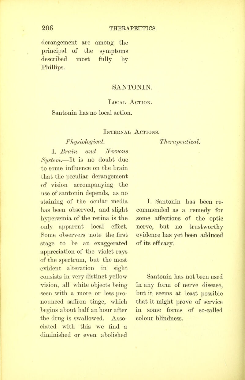 derangement are among the principal of the symptoms described most fully by Phillips. SANTONIN. Local Action. Santonin has no local action. Internal Physiological. I. Brain and Nervous System.—It is no doubt due to some influence on the brain that the peculiar derangement of vision accompanying the use of santonin depends, as no staining of the ocular media has been observed, and slight hypersemia of the retina is the only apparent local effect. Some observers note the first stage to be an exaggerated appreciation of the violet rays of the spectrum, but the most evident alteration in sight consists in very distinct yellow vision, all white objects being seen with a more or less pro- nounced saffron tinge, which begins about half an hour after the drug is swallowed. Asso- ciated with this we find a diminished or even abolished Actions. Therapeutical. I. Santonin has been re- commended as a remedy for some affections of the optic nerve, but no trustworthy evidence has yet been adduced of its efficacy. Santonin has not been used in any form of nerve disease, but it seems at least possible that it might prove of service in some forms of so-called colour blindness.