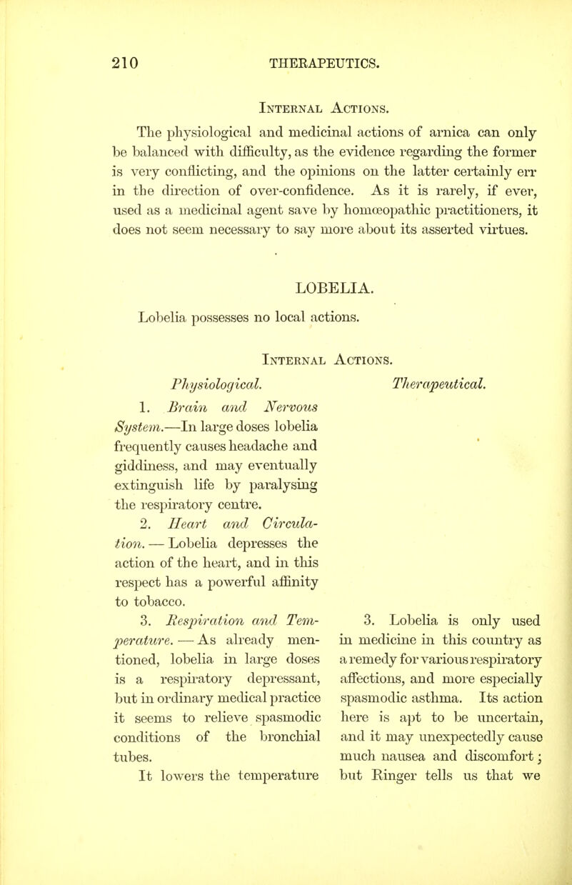 Internal Actions. The physiological and medicinal actions of arnica can only be balanced with difficulty, as the evidence regarding the former is very conflicting, and the opinions on the latter certainly err in the direction of over-confidence. As it is rarely, if ever, used as a medicinal agent save by homoeopathic pi-actitioners, it does not seem necessary to say more about its asserted virtues. LOBELIA. Lobelia possesses no local actions. Internal Actions. Physiological. 1. Brain and Nervous System.—In large doses lobelia frequently causes headache and giddiness, and may eventually extinguish life by paralysing the respiratory centre. 2. Heart and Circula- tion. — Lobelia depresses the action of the heart, and in this respect has a powerful affinity to tobacco. 3. Respiration and Tem- perature. — As already men- tioned, lobelia in large doses is a respiratory depressant, but in ordinary medical practice it seems to relieve spasmodic conditions of the bronchial tubes. It lowers the temperature Therapeutical. 3. Lobelia is only used in medicine in this country as a remedy for various respiratory affections, and more especially spasmodic asthma. Its action here is apt to be uncertain, and it may unexpectedly cause much nausea and discomfort; but Kinger tells us that we