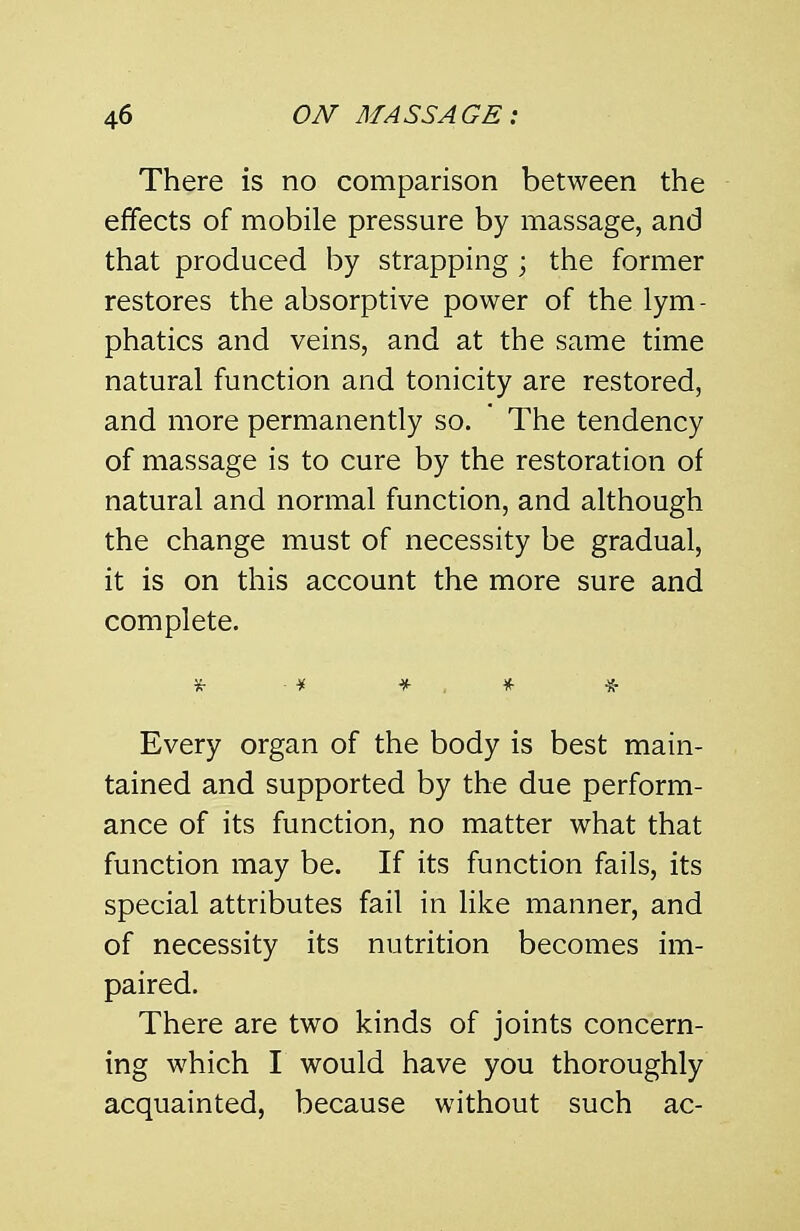 There is no comparison between the effects of mobile pressure by massage, and that produced by strapping ; the former restores the absorptive power of the lym- phatics and veins, and at the same time natural function and tonicity are restored, and more permanently so. The tendency of massage is to cure by the restoration of natural and normal function, and although the change must of necessity be gradual, it is on this account the more sure and complete. Every organ of the body is best main- tained and supported by the due perform- ance of its function, no matter what that function may be. If its function fails, its special attributes fail in like manner, and of necessity its nutrition becomes im- paired. There are two kinds of joints concern- ing which I would have you thoroughly acquainted, because without such ac-
