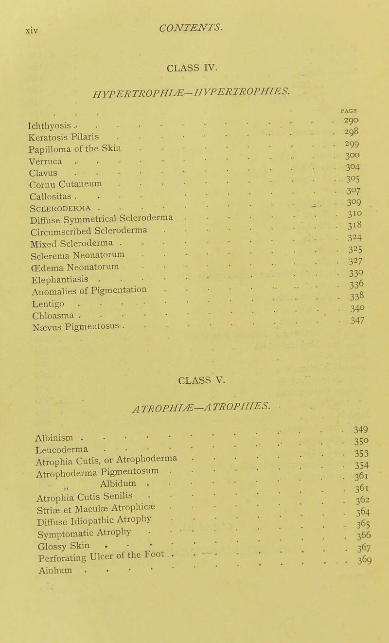 CLASS IV. HYPERTROPHIC—HYPERTROP HIES. Ichthyosis .. ■ Keratosis Pilaris Papilloma of the Skin Verruca . • Clavus i Cornu Cutaneum Callositas . * Scleroderma Diffuse Symmetrical Scleroderma Circumscribed Scleroderma . Mixed Scleroderma . • • Sclerema Neonatorum . • CEdema Neonatorum ■ Elephantiasis Anomalies of Pigmentation Lentigo . • ■ • Chloasma . ■ • - • Neevus Pigmentosus CLASS V. ATROPHIC—ATROPHIES. . Albinism Leucoderma . • Atrophia Cutis, or Atrophoderma . Atrophoderma Pigmentosum . Albidum Atrophia Cutis Senilis . Striee et Macule Atrophica; . Diffuse Idiopathic Atrophy Symptomatic Atrophy • • • • Glossy Skin • Perforating Ulcer of the Foot Ainhum •