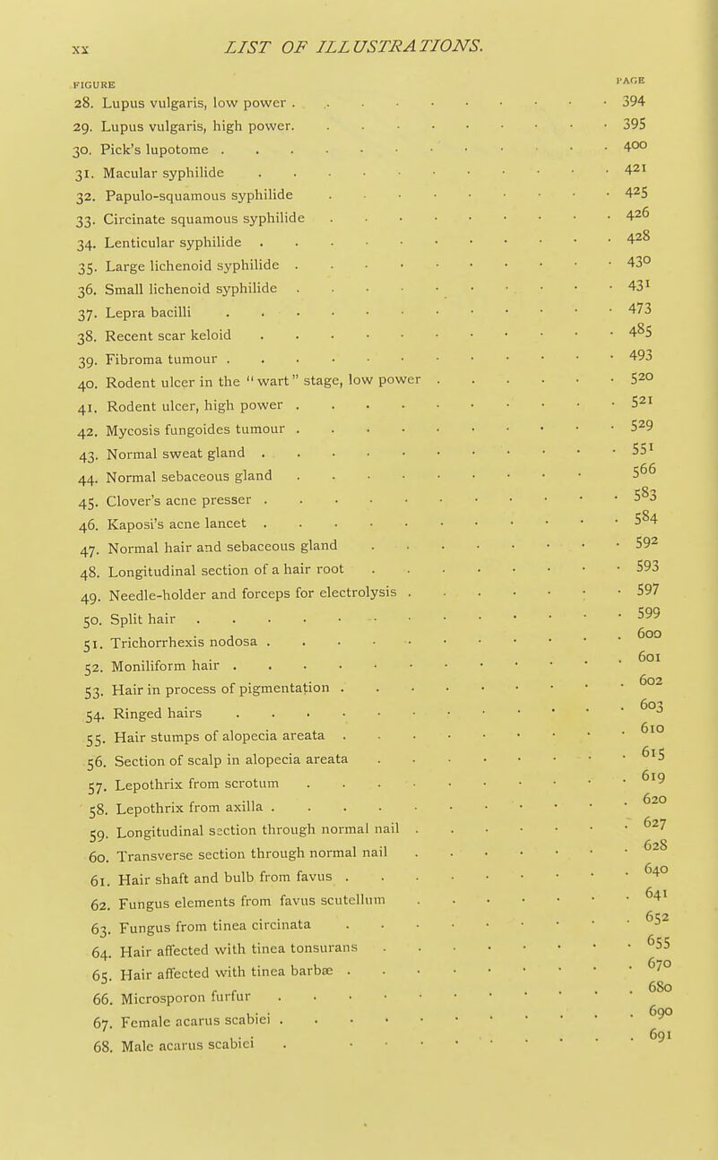 FIGURE PAGE 28. Lupus vulgaris, low power ... 394 29. Lupus vulgaris, high power 395 30. Pick's lupotome • 4°° 31. Macular syphilide 421 32. Papulo-squamous syphilide . 42S 33. Circinate squamous syphilide 42& 34. Lenticular syphilide 428 35. Large lichenoid syphilide 43° 36. Small lichenoid syphilide • • . ■ • • 431 37. Lepra bacilli 473 38. Recent scar keloid 485 39. Fibroma tumour 493 40. Rodent ulcer in the  wart stage, low power 520 41. Rodent ulcer, high power 521 42. Mycosis fungoides tumour 529 43. Normal sweat gland 551 44. Normal sebaceous gland 5^6 45. Clover's acne presser 5^3 46. Kaposi's acne lancet 5^4 47. Normal hair and sebaceous gland • • 592 48. Longitudinal section of a hair root 593 49. Needle-holder and forceps for electrolysis • 597 50. Split hair . '. • -599 51. Trichorrhexis nodosa 52. Moniliform hair ^0I 53. Hair in process of pigmentation 54. Ringed hairs 55. Hair stumps of alopecia areata 56. Section of scalp in alopecia areata ^'5 57. Lepothrix from scrotum !9 58. Lepothrix from axilla 59. Longitudinal section through normal nail 627 60. Transverse section through normal nail . 61. Hair shaft and bulb from favus 640 62. Fungus elements from favus scutellum ^l 6^2 63. Fungus from tinea circmata J 64. Hair affected with tinea tonsurans ■ 655 6K Hair affected with tinea barbae .670 re .... 680 66. Microsporon iurfur 67. Female acarus scabiei ... ... 691 68. Male acarus scabiei . ....