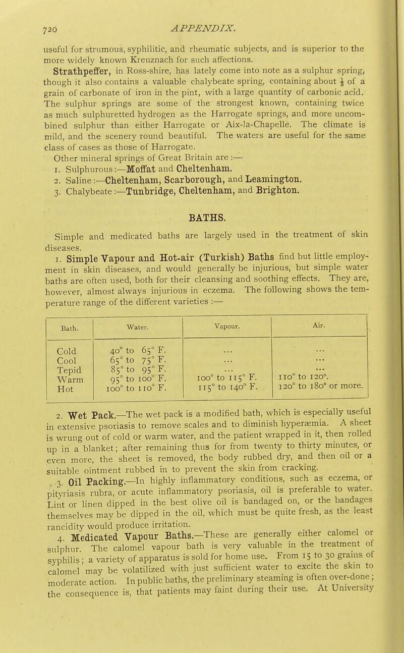 useful for strumous, syphilitic, and rheumatic subjects, and is superior to the more widely known Kreuznach for such affections. Strathpeffer, in Ross-shire, has lately come into note as a sulphur spring, though it also contains a valuable chalybeate spring, containing about \ of a grain of carbonate of iron in the pint, with a large quantity of carbonic acid. The sulphur springs are some of the strongest known, containing twice as much sulphuretted hydrogen as the Harrogate springs, and more uncom- bined sulphur than either Harrogate or Aix-la-Chapelle. The climate is mild, and the scenery round beautiful. The waters are useful for the same class of cases as those of Harrogate. Other mineral springs of Great Britain are :— 1. Sulphurous:—Moffat and Cheltenham. 2. Saline:—Cheltenham, Scarborough, and Leamington. 3. Chalybeate:—Tunhridge, Cheltenham, and Brighton. BATHS. Simple and medicated baths are largely used in the treatment of skin diseases. 1. Simple Vapour and Hot-air (Turkish) Baths find but little employ- ment in skin diseases, and would generally be injurious, but simple water baths are often used, both for their cleansing and soothing effects. They are, however, almost always injurious in eczema. The following shows the tem- perature range of the different varieties :— Bath. Water. Vapour. Air. Cold Cool Tepid Warm Hot 40° to 65° F. 65° to 75° F. 85° to 95° F. 95° to 100° F. 100° to 110° F. 100° to 115° F. 115° to 140° F. I IO° to I20°. 120° to 180° or more. 2. Wet Pack.—The wet pack is a modified bath, which is especially useful in extensive psoriasis to remove scales and to diminish hyperasmia. A sheet is wrung out of cold or warm water, and the patient wrapped in it, then rolled up in a blanket; after remaining thus for from twenty to thirty minutes, or even more, the sheet is removed, the body rubbed dry, and then oil or a suitable ointment rubbed in to prevent the skin from cracking. 3. Oil Packing—In highly inflammatory conditions, such as eczema, or pityriasis rubra, or acute inflammatory psoriasis, oil is preferable to water. Lint or linen dipped in the best olive oil is bandaged on, or the bandages themselves may be dipped in the oil, which must be quite fresh, as the least rancidity would produce irritation. 4 Medicated Vapour Baths.—These are generally either calomel or sulphur The calomel vapour bath is very valuable in the treatment of syphilis • a variety of apparatus is sold for home use. From 15 to 30 grams of calomel'may be volatilized with just sufficient water to exc.te the skin to moderate action. In public baths, the preliminary steaming is often over-done ; the consequence is, that patients may faint during their use. At University