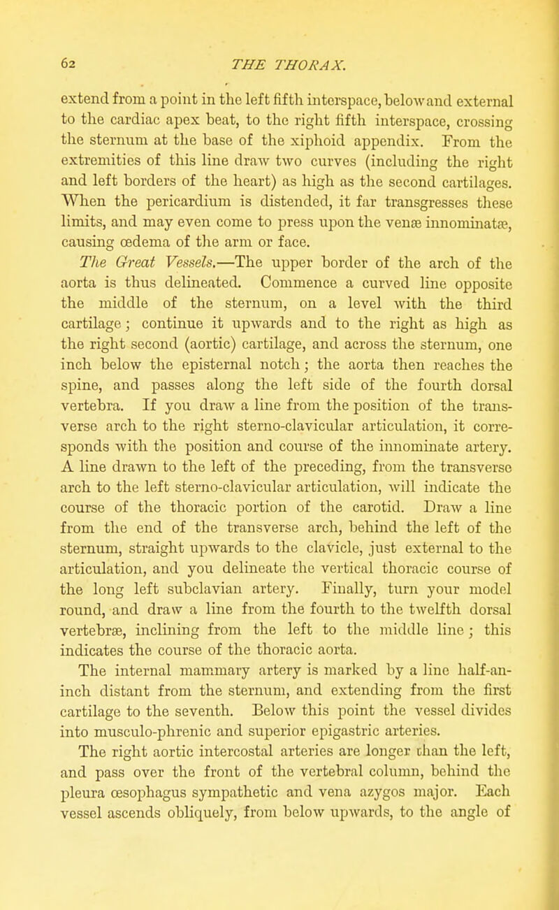 extend from a point in the left fifth interspace, below and external to the cardiac apex beat, to the right fifth interspace, crossing the sternum at the base of the xiphoid appendix. From the extremities of this line draAv two curves (including the right and left borders of the heart) as high as the second cartilages. When the pericardium is distended, it far transgresses these limits, and may even come to press upon the venae innominatee, causing oedema of tlie arm or face. The Great Vessels.—The upper border of the arch of the aorta is thus delineated. Commence a curved line opposite the middle of the sternum, on a level Avith the third cartilage; continue it upwards and to the right as high as the right second (aortic) cartilage, and across the sternum, one inch below the episternal notch; the aorta then reaches the spine, and passes along the left side of the fourth dorsal vertebra. If you draw a line from the position of the trans- verse arch to the right sterno-clavicular articulation, it corre- sponds with the position and course of the imiominate artery. A line drawn to the left of the preceding, from the transverse arch to the left sterno-clavicular articulation, will indicate the course of the thoracic portion of the carotid. Draw a line from the end of the transverse arch, behind the left of the sternum, straight upwards to the clavicle, just external to the articulation, and you delineate the vertical thoracic course of the long left subclavian artery. Finally, turn your model round, and draw a line from the fourth to the twelfth dorsal vertebrae, inclining from the left to the middle line; this indicates the course of the thoracic aorta. The internal mam^mary artery is marked by a line half-an- inch distant from the sternum, and extending from the first cartilage to the seventh. Below this point the vessel divides into musculo-phrenic and superior epigastric arteries. The right aortic intercostal arteries are longer than the left, and pass over the front of the vertebral column, behind the pleura oesophagus sympathetic and vena azygos major. Each vessel ascends obliquely, from below upwards, to the angle of