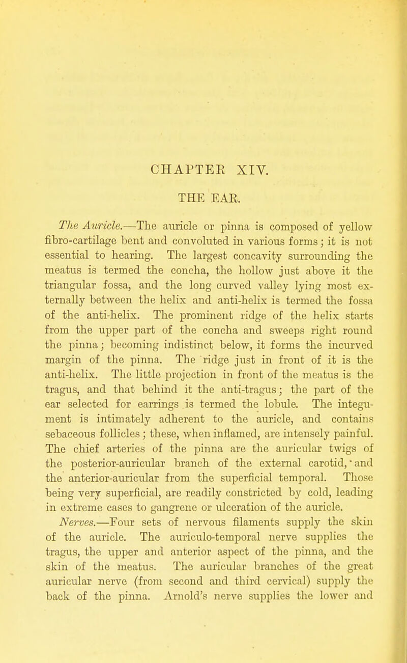 THE EAE. Tlie Aiiricle.—The auricle or pinna is composed of yellow fiLro-cartilage bent and convoluted in various forms; it is not essential to hearing. The largest concavity surrounding the meatus is termed the concha, the hollow just above it the triangular fossa, and the long curved valley lying most ex- ternally between the helix and anti-helix is termed the fossa of the anti-helix. The prominent ridge of the helix starts from the upper part of the concha and sweeps right round the pinna; becoming indistinct below, it forms the incurved margin of the pinna. The ridge just in front of it is the anti-helix. The little jorojection in front of the meatus is the tragus, and that behind it the anti-tragus; the part of the ear selected for earrings is termed the lobule. The integu- ment is intimately adherent to the auricle, and contains sebaceous follicles; these, when inflamed, are intensely painful. The chief arteries of the pinna are the auricular twigs of the posterior-auricular branch of the external carotid,'and the anterior-auricular from the superficial temporal. Those being very superficial, are readily constricted by cold, leading in extreme cases to gangrene or ulceration of the auricle. Nerves.—Four sets of nervous filaments supply the skin of the auricle. The auriculo-temporal nerve supplies the tragus, the upper and anterior aspect of the j^inna, and the skin of the meatus. The auricular branches of the great auricular nerve (from second and third cervical) supply the back of the pinna. Arnold's nerve supplies the lower and