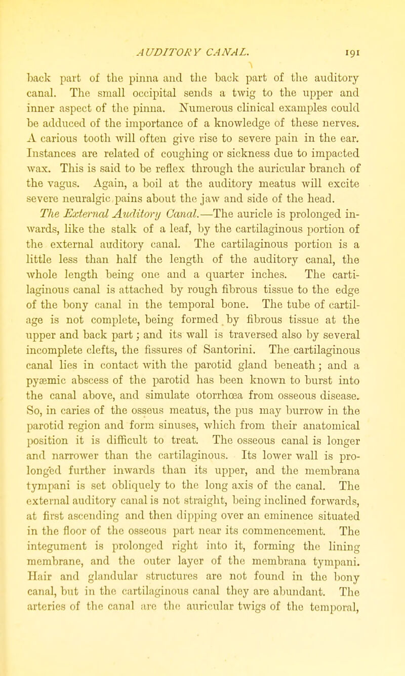 hack part of the pinna and the hack part of the auditory- canal. The small occipital sends a twig to the upper and inner aspect of the pinna. Numerous clinical examples could be adduced of the importance of a knowledge of these nerves. A carious tooth will often give rise to severe pain in the ear. Instances are related of coughing or sickness due to impacted wax. This is said to be reflex through the auricular branch of the vag-us. Again, a boil at the auditory meatus will excite severe neuralgic pains about the jaw and side of the head. The External Auditorij Canal.—The auricle is prolonged in- wards, like the stalk of a leaf, by the cartilaginous portion of tlie external auditory canal. The cartilaginous portion is a little less than half the length of the auditory canal, the whole length being one and a quarter inches. The carti- laginous canal is attached by rough fibrous tissue to the edge of the bony canal in the temporal bone. The tube of cartil- age is not complete, being formed by fibrous tissue at the upper and back part; and its wall is traversed also by several incomplete clefts, the fissures of Santorini. The cartilaginous canal lies in contact with the parotid gland beneath; and a pysemic abscess of the parotid has been known to burst into the canal above, and simulate otorrhoea from osseous disease. So, in caries of the osseus meatus, the pus may burrow in the parotid region and form sinuses, which from their anatomical position it is difficult to treat. The osseous canal is longer and narrower than the cartilaginous. Its lower wall is pro- longed further inwards than its upper, and the membrana tympani is set obliquely to the long axis of the canal. The external auditory canal is not straight, being inclined forwards, at first ascending and then di])ping over an eminence situated in the floor of the osseous part near its commencement. The integument is prolonged right into it, forming the lining membrane, and the outer layer of the membrana tympani. Hair and glandular structures are not found in the bony canal, but in the cartilaginous canal they are aljundaut. The arteries of the canal arc the; auricular twigs of the temporal,