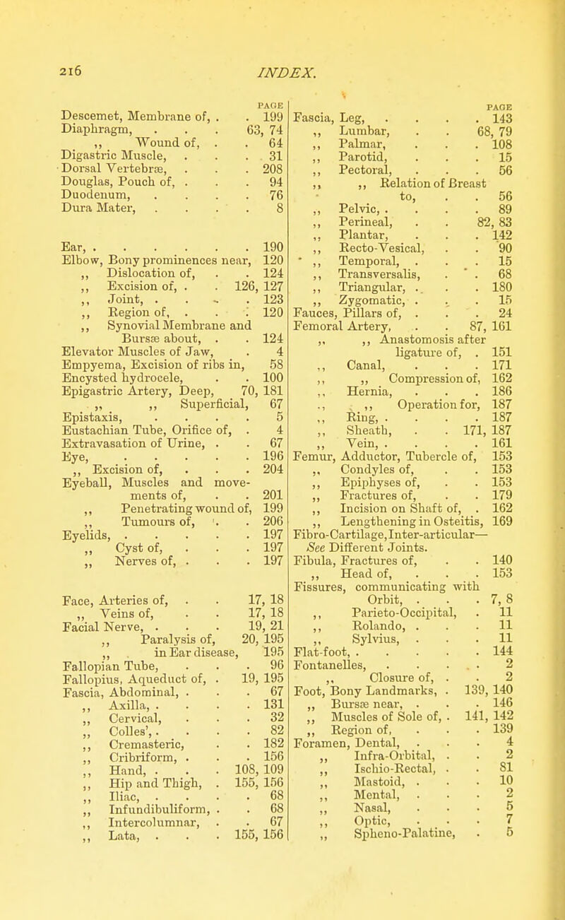 Descemet, Membrane of, Diaphragm, ,, Wound of, Digastric Muscle, Dorsal Vertebrse, Douglas, Pouch of, Duodenum, Dura Matei', PAGE . 199 63, 74 64 31 208 94 76 Ear, 190 Elbow, Bony prominences near, 120 ,, Dislocation of, . . 124 ,, Excision of, . . 126, 127 ,, Joint, . . ~ .123 ,, Eegion of, . . ; 120 ,, Synovial Membrane and BursEe about, . Elevator Muscles of Jaw, Empyema, Excision of ribs in. Encysted hydrocele. Epigastric Artery, Deep, 70, 181 ,, ,, Superficial, 67 Epistaxis, ... Eustachian Tube, Orifice of. Extravasation of Urine, . Eye, .... ,, Excision of, . Eyeball, Muscles and move ments of, ,, Penetrating wound of, ,, Tumours of, Eyelids, .... „ Cyst of, ,, Nerves of, . 124 4 58 100 5 4 67 196 204 201 199 206 197 197 197 Face, Arteries of, . . 17, 18 „ Veins of, . . 17, 18 Facial Nerve, ... 19, 21 Paralysis of, 20, 195 ,, in Ear disease, 195 Fallopian Tube, ... 96 Fallopius, Aqueduct of, . 19, 195 Fascia, Abdominal, ... 67 ,, Axilla, .... 131 ,, Cervical, ... 32 „ Colics',. ... 82 ,, Cremasteric, . . 182 ,, Cribriform, . . . 156 „ Hand, . . . 108,109 ,, Hip and Thigh, . 155, 156 „ Iliac 68 ,, Infundibuliform, . . 68 ,, Intercolumnar, . . 67 „ Lata, . . . 155, 156 Fascia, Leg, ,, Lumbar, ,, Palmar, ,, Parotid, ,, Pectoral, PAGE . 143 68, 79 . 108 . 15 . 56 JRelation of Breast to, . 56 . 89 82, 83 . 142 . '90 . 15 ,, Pelvic, . ,, Perineal, ,, Plantar, ,, Kecto-Vesical,  ,, Temporal, . ,, Transversalis, . ' . ,, Triangular, .. ,, Zygomatic, . Fauces, Pillars of, . Femoral Artery, . . 87, ,, ,, Anastomosis after ligatui-e of, . ,, Canal, ,, ,, Compression of, Hernia, ., , ,, Operation for. Ring, . ,, Sheath ,, Vein, . Femur, Adductor, Tubercle of. Condyles of. Epiphyses of. Fractures of, Incision on Shaft of, , Lengthening in Osteitis, 169 Fibro-Cartilage, Inter-articular—■ (See Difl^erent Joints. Fibula, Fractures of, ,, Head of, . . . Fissures, communicating with Orbit, . ,, Parieto-Occipital, ,, Rolando, . ,, Sylvius, . Flat-foot, FontaneUes, . . ... ,, Closure of. Foot, Bony Landmarks, ,, Biu'sse near, . ,, Muscles of Sole of, ,, Region of, Foramen, Dental, ... 4 „ Infra-Orbital, . . 2 ,, Ischio-Rectal, . . 81 Mastoid, ... 10 Mcnt.al, ... 2 Nasal, ... 5 Optic, • • • 7 „ Spheno-Palatme, . o 180 15 24 161 151 171 162 186 187 187 171, 187 . 161 153 153 153 179 162 140 153 7,8 11 11 11 144 2 2 140 146 141, 142 . 139 139,