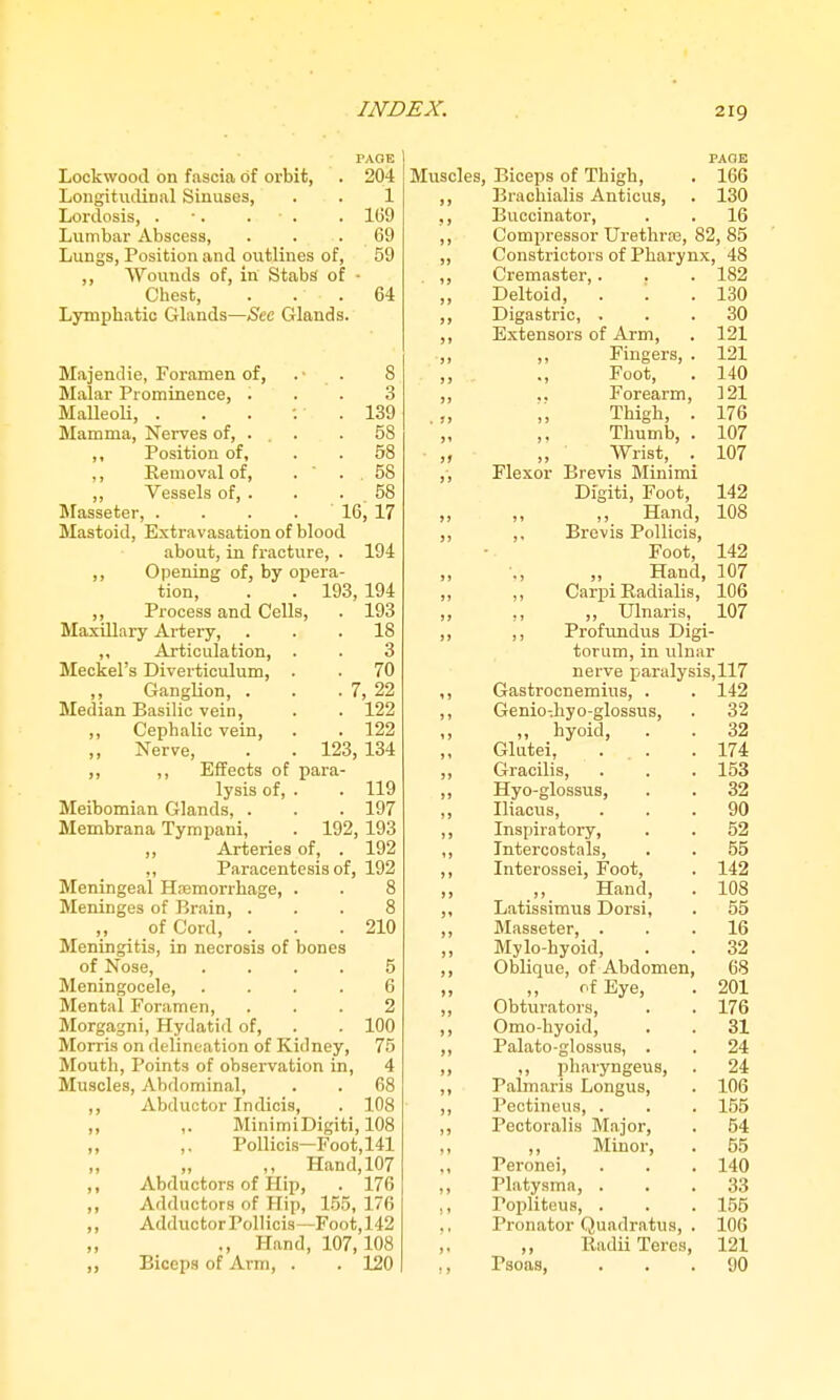 PAGE Lockwood on fascia of orbit, . 204 LongitudiDal Sinuses, . . 1 Lordosis, . •. . • . . 169 Lumbar Abscess, . . . 69 Lungs, Position and outlines of, 59 ,, Wounds of, in Stabs of • Chest, . . . 64 Lymphatic Glands—Sec Glands. Majendie, Foramen of, Malar Prominence, . Malleoli, . Mamma, Nerves of, . ,, Position of, ,, Kenioval of, ,, Vessels of, . l\Iasseter, 8 3 139 58 58 58 58 16, 17 Mastoid, Extravasation of blood about, in fracture, . 194 ,, Opening of, by opera- tion, . . 193, 194 ,, Process and Cells, . 193 Maxillary Artery, ... 18 ,, Articulation, . . 3 Meckel's Diverticulum, . . 70 ,, GangUon, . . . 7, 22 Median Basilic vein, . . 122 ,, Cephalic vein, . . 122 Nerve, . . 123, 134 ,, ,, Effects of para- lysis of, . . 119 Meibomian Glands, . . . 197 Membrana Tympani, . 192, 193 ,, Arteries of, . 192 ,, Paracentesis of, 192 Meningeal Hfemorrhage, . . 8 Meninges of Brain, ... 8 ,, of Cord, . . .210 Meningitis, in necrosis of bones of Nose, .... 5 Meningocele, .... 6 Mental Foramen, ... 2 Morgagni, Hydatid of, . . 100 Morris on delineation of Kidney, 75 Mouth, Points of observation in, 4 Muscles, Abdominal, . . 68 ,, Abductor Indici.s, . 108 ,, ,. MinimiDigiti, 108 ,, ,. PoUicis—Foot, 141 ,, Hand, 107 ,, Abductors of Hip, . 176 ,, Adductors of Hip, 155, 176 ,, AdductorPollicis—Foot,142 ,, Hand, 107,108 ,, Biceps of Arm, . . 120 PAOE Muscles, Biceps of Thigh, . 1C6 Brachialis Anticus, . 130 Buccinator, . . 16 Compressor Urethras, 82, 85 Constrictors of Pharynx, 48 Cremaster,. Deltoid, Digastric, . Extensors of Arm, ,, Fingers, 182 130 30 121 121 140 ]21 176 107 107 ., Foot, Forearm, Thigh, . ,, Thumb, . ,, Wrist, . Flexor Brevis Minimi Dfgiti, Foot, 142 Hand, 108 ,, Brevis Pollicis, Foot, 142 „ Hand, 107 ,, Carpi Radialis, 106 ,, ,, Ulnaris, 107 ,, Profundus Digi- torum, in ulnar nerve paralysis,117 Gastrocnemius, . . 142 Genio-.hyo-glossus, . 32 ,, hyoid, . . 32 Glutei, ... .174 Gracilis, . . . 153 Hyo-glossus, . . 32 Iliacus, ... 90 Inspiratory, . . 52 Intercostals, . . 55 Interossei, Foot, . 142 Hand, . 108 Latissimus Dorsi, . 55 Masseter, ... 16 Mylo-hyoid, . . 32 Oblique, of Abdomen, 68 of Eye, . 201 Obturators, . . 176 Omohyoid, . . 31 Palato-glossus, . . 24 ,, pharyngeus, . 24 Palmaris Longus, . 106 Pectineus, . . . 155 Pectoralis Major, . 54 ,, Minor, . 55 Peronei, . . . 140 Platysma, ... 33 Popliteus, . . . 1.55 Pronator Quadratus, . 106 ,, Eadii Teres, 121 Psoas, ... 90