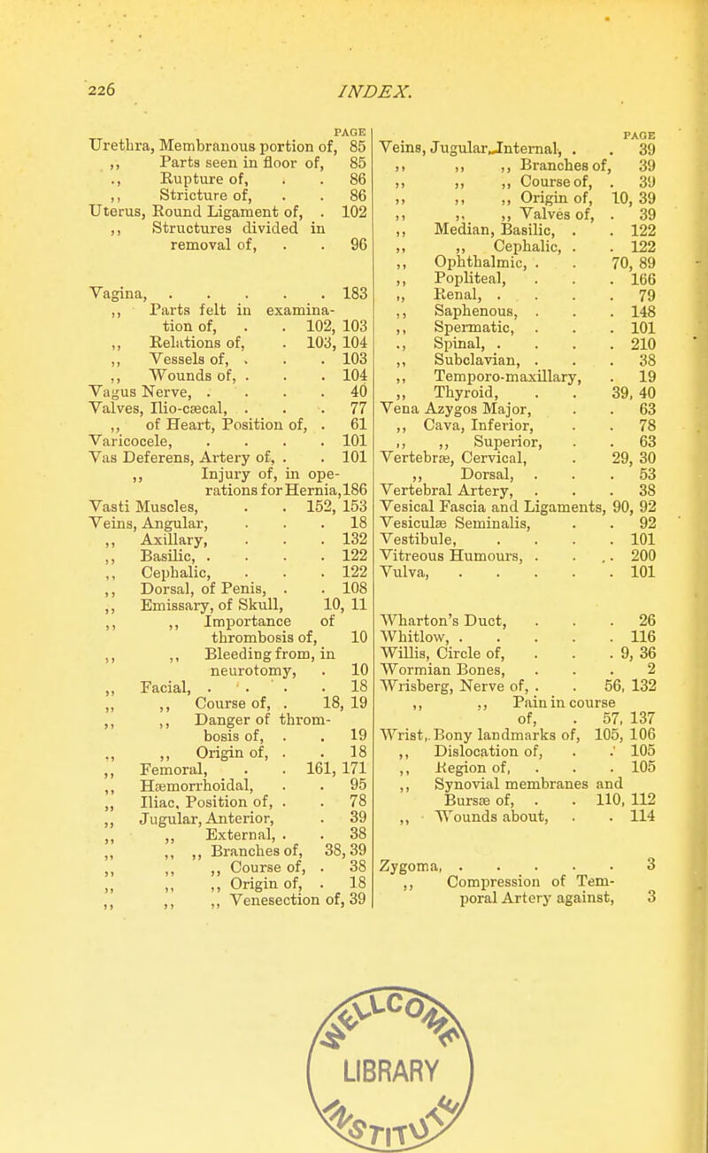 PAGE Urethra, Membranous portion of, 85 ,, Parts seen in floor of, 85 ., Kupture of, . . 86 ,, Stricture of, . . 86 Uterus, Round Ligament of, . 102 ,, Stru.ctures divided in removal of, . . 96 Vagina, 183 ,, Parts felt in examina- tion of, . . 102, 103 ,, Relations of, . 103, 104 ,, Vessels of, . . . 103 Wounds of, . . . 104 Vagus Nerve 40 Valves, Ilio-csecal, ... 77 ,, of Heart, jPosition of, . 61 Varicocele, .... 101 Vas Deferens, Artery of, . . 101 ,, Injury of, in ope- rations for Hernia, 186 Vasti Muscles, . . 152, 153 Veins, Angular, ... 18 Axillary, . . .132 BasiUc 122 Cephalic, . . .122 Dorsal, of Penis, . . 108 Emissary, of Skull, 10, 11 ,, Importance of    10 10 Facial, ... .18 19 thrombosis of. Bleeding from, in neurotomy, Course of, . 18, ,, Danger of throm- bosis of, . . 19 ,, Origin of, . . 18 Femoral, _ . . 161, 171 Hemorrhoidal, . . 95 Iliac. Position of, . . 78 Jugular, Anterior, . 39 ,, External, . . 38 „ ,, Branches of, 38,39 ,, ,, Course of, . 38 ,, Origin of, . 18 ,, Venesection of, 39 Veins, Jugular J^ntemal, . II ,, ,, Branches of, ,, ,, Course of, I. M Origm of, ,, ,. ,, Valves of ,, Median, Basilic, ,, ,, Cephalic, ,, Ophthalmic, . ,, Popliteal, ,, Renal, . ,, Saphenous, . ,, Speimatic, ., Spinal, . ,, Subclavian, . ,, Temporo-maxUlary, „ Thyroid, Vena Azygos Major, ,, Cava, Inferior, ,, ,, Superior, Vertebra;, Cervical, ,, Dorsal, Vertebral Artery, Vesical Fascia and Ligaments, Vesiculae Seminalis, Vestibule, Vitreous Humours, . Vulva, PAGE 39 39 39 10, 39 39 122 122 70, 89 166 79 148 101 210 38 19 39, 40 63 78 63 29, 30 53 38 90, 92 92 101 200 101 Wharton's Duct, ... 26 Whitlow 116 Willis, Circle of, . . . 9, 36 Wormian Bones, ... 2 Wrisberg, Nerve of, . . 56, 132 ,, ,, Pain in course of, . 57, 137 Wrist,. Bony landmarks of, 105,106 ,, Dislocation of, . .' 105 ,, Region of, . . . 105 ,, Synovial membranes and BursEe of, . . 110, 112 ,, Wounds about, . . 114 Zygoma, Compression of Tem- poral Artery against.