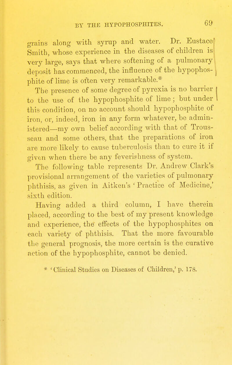 grains along with syrup and water. Dr. Eustacef Smitb, whose experience in the diseases of children isj very large, says that where softening of a pulmonary ^ deposit has commenced, the influence of the hypophos- phite of lime is often very remarkable.^ The presence of some degree of pyrexia is no barrier to the tise of the hypophosphite of lime ; but under this condition, on no account should hypophosphite of iron, or, indeed, iron in any form whatever, be admin- istered—my own belief according with that of Trous- seau and some others, that the preparations of iron, are more likely to cause tuberculosis than to cure it if given when there be any feverishness of system. The following table represents Dr. Andrew Clark's provisional arrangement of the varieties of pulmonary- phthisis, as given in Aitkeu's ' Practice of Medicine,' sixth edition. Having added a third column, I have thei-ein placed, according to the best of my present knowledge and experience, the effects of the hypophosphites on each variety of phthisis. That the more favourable the genei-al prognosis, the more certain is the curative action of the hypophosphite, cannot be denied. * 'Clinical (Studies on Diseases of Children,' p. 178.