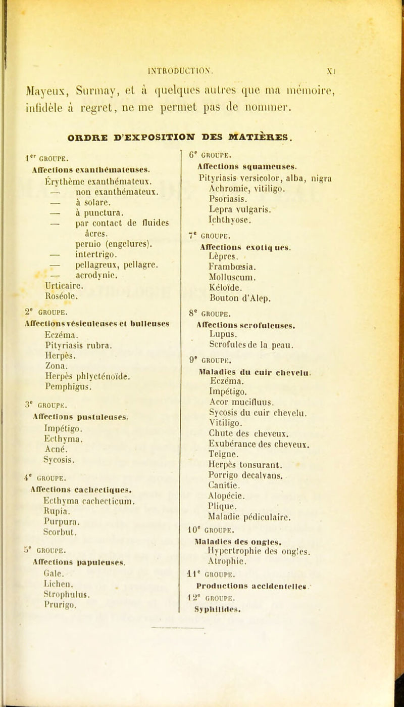 Mayeiix, Surmay, et à quelques autres que ma mémoire, infidèle à regret, ne me permet pas de nommer. ORDRE D'EXPOSIl 1er GROUPE. Affections exaniliémateuses. Érythème exauthématcux. — non exanthémateux. — à solare. — à punctura. — par contact de fluides âcres. peruio (engelures). — intertrigo. — pellagreux, pellagre. — acrodynic. Urticaire. Roséole. 2e GROUPE. Affections vésiculeases et huileuses Eczéma. Pityriasis rubra. Herpès. Zona. Herpès phlyeténoïde. Pemphigus. 3e GROUPE. Affections pustuleuses. Impétigo. Ecthyma. Acné. Sycosis. 4 GROUPE. Affections cachectiques. Ecthyma cachecticum. Rupia. Purpura. Scorbut. 5 GROUPE. Affections papuleages. Gale. Lichen, Strophulm. Prurigo. N DES MATIÈRES. 6e GROUPE. Affections squameuses. Pityriasis versicolor, alba, nigra Achromie, vitiligo. Psoriasis. Lepra vulgaris. Ichthyose. 7' GROUPE. Affections exotiques. Lèpres. Frambœsia. Molluscum. Kéloïde. Bouton d'Alep. 8° GROUPE. Affections scrofulciises. Lupus. Scrofules de la peau. 9e GROUPE. maladies ilu cuir chevelu. Eczéma. Impétigo. Acor mucifluus. Sycosis du cuir chevelu. Vitiligo. Chute des cheveux. Exubérance des cheveux. Teigne. Herpès tonsurant. Porrigo dccalvaus. Canitie. Alopécie. Plique. Maladie pédiculaire. 10e GROUPE. Maladies des oncles. Hypertrophie des ongles. Atrophie. 11e GROUPE. Productions accidentelles 12e GROUPE. Syphilides.