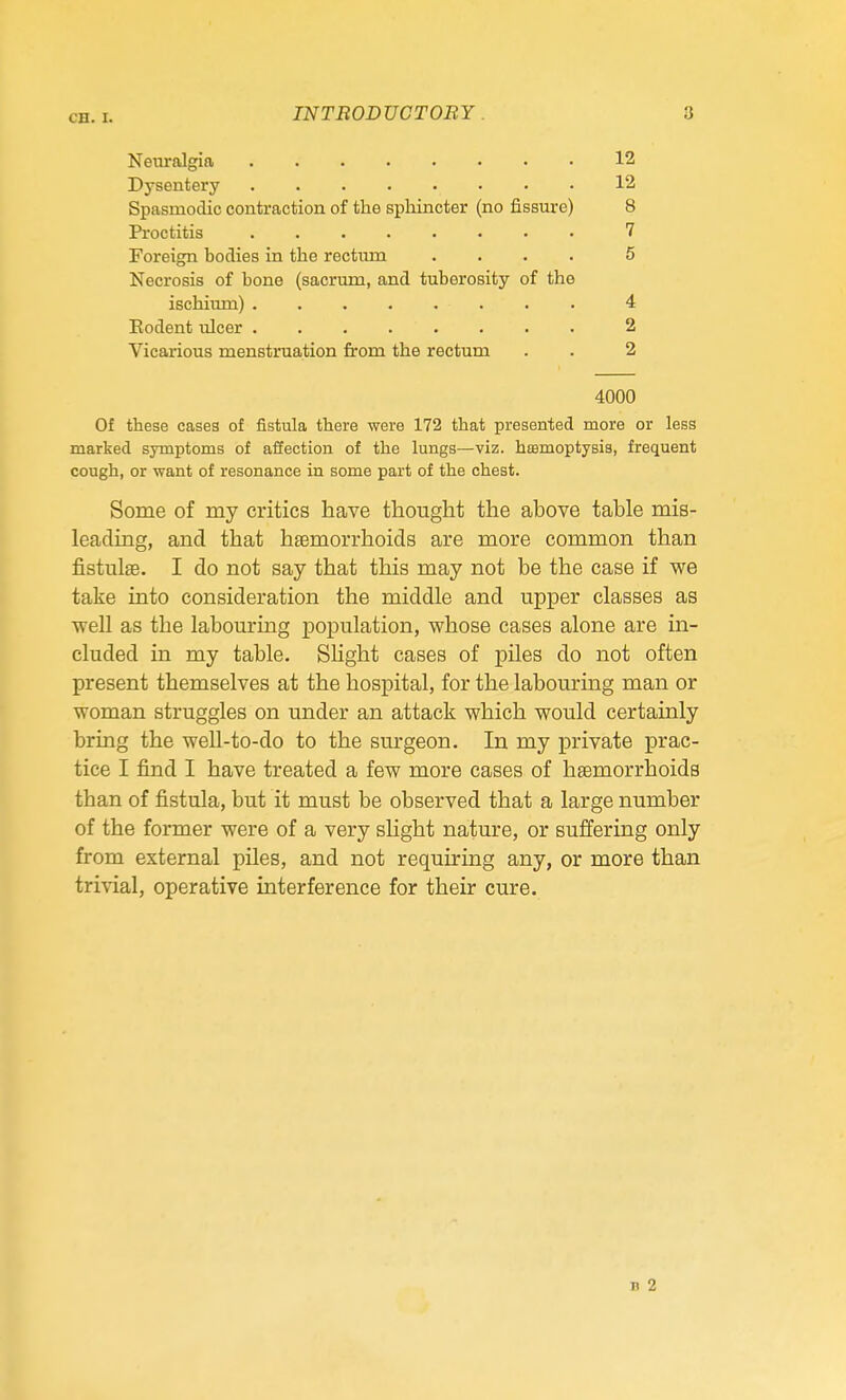 Neuralgia 12 Dysentery 12 Spasmodic contraction of the sphincter (no fissure) 8 Proctitis 7 Foreign bodies in the rectum .... 5 Necrosis of bone (sacrum, and tuberosity of the ischium) 4 Eodent ulcer 2 Vicarious menstruation from the rectum . . 2 4000 Of these cases of fistula there were 172 that presented more or less marked symptoms of affection of the lungs—viz. hemoptysis, frequent cough, or want of resonance in some part of the chest. Some of my critics have thought the above table mis- leading, and that haemorrhoids are more common than fistulse. I do not say that this may not be the case if we take into consideration the middle and upper classes as well as the labouring XDopulation, whose cases alone are in- cluded in my table. SHght cases of piles do not often present themselves at the hospital, for the labouring man or woman struggles on under an attack which would certainly bring the well-to-do to the surgeon. In my private prac- tice I find I have treated a few more cases of haemorrhoids than of fistula, but it must be observed that a large number of the former were of a very slight nature, or suffering only from external piles, and not requiring any, or more than trivial, operative interference for their cure.