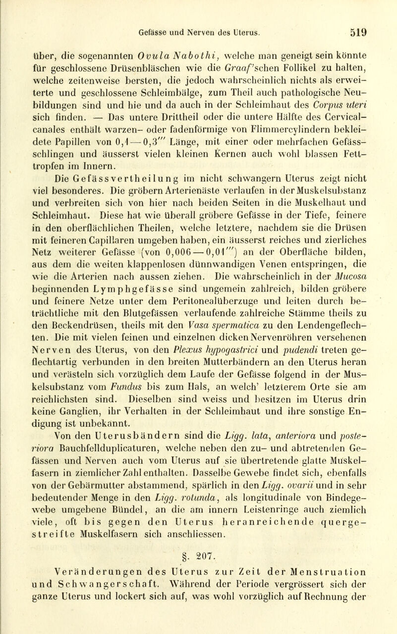 über, die sogenannten Ovula Nabothi, welche man geneigt sein könnte für geschlossene Drüsenbläschen wie die Graaf'sehen Follikel zu halten, welche zeitenweise bersten, die jedoch wahrscheinlich nichts als erwei- terte und geschlossene Schleimbälge, zum Theil auch pathologische Neu- bildungen sind und hie und da auch in der Schleimhaut des Corpus uteri sich finden. — Das untere Drittheil oder die untere Hälfte des Cervical- canales enthält warzen- oder fadenförmige von Flimmercylindern beklei- dete Papillen von Oji — 0,3' Länge, mit einer oder mehrfachen Gefäss- schlingen und äusserst vielen kleinen Kernen auch wohl blassen Fett- tropfen im Innern. Die Gefäss Verth eilung im nicht schwangern Uterus zeigt nicht viel besonderes. Die gröbern Arterienäste verlaufen in der Muskelsubstanz und verbreiten sich von hier nach beiden Seiten in die Muskelhaut und Schleimhaut. Diese hat wie überall gröbere Gefässe in der Tiefe, feinere in den oberflächlichen Theilen, welche letztere, nachdem sie die Drüsen mit feineren Capiliaren umgeben haben, ein äusserst reiches und zierliches Netz weiterer Gefässe (von 0,006 — 0,01') an der Oberfläche bilden, aus dem die weiten klappenlosen dünnwandigen Venen entspringen, die wie die Arterien nach aussen ziehen. Die wahrscheinlich in der Mucosa beginnenden Lymphgefässe sind ungemein zahlreich, bilden gröbere und feinere Netze unter dem Peritonealüberzuge und leiten durch be- trächtliche mit den Blutgefässen verlaufende zahlreiche Stämme theils zu den Beckendrüsen, theils mit den Vasa spermatica zu den Lendengeflech- ten. Die mit vielen feinen und einzelnen dicken Nervenröhren versehenen Nerven des Uterus, von den Plexus hypogastrici und pudendi treten ge- flechtartig verbunden in den breiten Mutterbändern an den Uterus heran und verästeln sich vorzüglich dem Laufe der Gefässe folgend in der Mus- kelsubstanz vom Fundus bis zum Hals, an welch' letzterem Orte sie am reichlichsten sind. Dieselben sind weiss und besitzen im Uterus drin keine Ganglien, ihr Verhalten in der Schleimhaut und ihre sonstige En- digung ist unbekannt. Von den Uterusbändern sind die Ligg. lata, anteriora und poste- riora Bauchfellduplicaturen, welche neben den zu- und abtretenden Ge- fässen und Nerven auch vom Uterus auf sie übertretende glatte Muskel- fasern in ziemlicher Zahl enthalten. Dasselbe Gewebe findet sich, ebenfalls von der Gebärmutter abstammend^ spärlich in den Ligg. ovarii und in sehr bedeutender Menge in den Ligg- rotunda, als longitudinale von Bindege- webe umgebene Bündel, an die am Innern Leistenringe auch ziemlich viele, oft bis gegen den Uterus heranreichende querge- streifte Muskelfasern sich anschliessen. §. 207. Veränderungen des Uterus zur Zeit der Menstrua tion und Schwangerschaft. Während der Periode vergrössert sich der ganze Uterus und lockert sich auf, was wohl vorzüglich auf Rechnung der