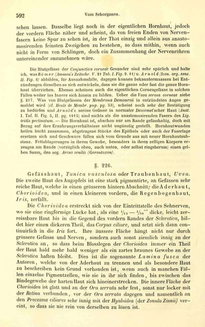 sehen lassen. Dasselbe liegt noch in der eigentlichen Hornhaut, jedoch der vordem Fläche näher und scheint, da von freien Enden von Nerven- fasern keine Spur zu sehen ist, in der That einzig und allein aus anasto- mosirenden feinsten Zweigchen zu bestehen, so dass mithin, wenn auch nicht in Form von Schlingen, doch ein Zusammenhang der Nervenröhren untereinander anzunehmen wäre. Die Blutgefässe der Conjunctiva corneae Gesunder sind sehr spärlich und halte ich, wasRömer (Ammons ZeUschr. V. 21 Tab.I.Fig. 9. M)u. Amol d (Icon. org.sens. II. Fig. 6j abbilden, für Ausnahmsfdlle, dagegen können bekanntermaassen bei Ent- zündungen dieselben so sich entwickeln, dass sie die ganze oder fast die ganze Horn- haut überziehen. Ebenso scheinen auch die eigentlichen Corneagefässe in solchen Fällen weiter ins Innere sich hinein zu bilden. Ueber dxGVasa serosa corneae siehe §.217. Was von Blutgefässen der Membrana Demoursii in entzündeten Augen ge- meldet wird (cf. Henle de Membr. pup. pg. 53), scheint noch sehr der Bestätigung zu bedürfen und Arnold's seröse Gefässe in normaler De^cmei'scher Haut (Anat. I. Taf, n. Fig. 5, II. pg. 1015) sind nichts als die anastomosirenden Fasern des Lig. iridis pectinatum. — Die Hornhaut ist, obschon nur am Rande gefässhaltig, doch mit Bezug auf ihre Ernährungsverhältnisse nicht ungünstig gestellt. Hornhautwunden heilen leicht zusammen, abgetragene Stücke des Epithels oder auch der Faserlage ersetzen sich und Geschwüre füllen sich vom Grunde aus mit neuer Hornhautsub- stanz. Fettablagerungen in ihrem Gewebe, besonders in ihren zelligen Körpern er- zeugen am Rande (vorzüglich oben, auch unten, oder selbst ringsherum) einen gel- ben Saum, den sog. Arcus senilis (Gerontoxon). §. 226. Gefässhaut, TwTizca iiascw/osa oder Traubenhaut, Uvea. Die zweite Haut des Augapfels ist eine stark pigmentirte, an Gefässen sehr reiche Haut, welche in einen grösseren hintern Abschnitt,- die Aderhaut, Chorioidea, und in einen kleineren vordem, die Regenbogenhaut, Iris, zerfällt. Die Chorioidea erstreckt sich von der Eintrittstelle des Sehnerven, wo sie eine ringförmige Lücke hat, als eine — Yso' dicke, leicht zer- reissbare Haut bis in die Gegend des vordem Randes der Sderotica, bil- det hier einen dickeren Theil, das Corpus ciliare, und setzt sich dann con- tinuirlich in die Iris fort. Ihre äussere Fläche hängt nicht nur durch grössere Gefässe und Nerven, sondern auch sonst ziemlich innig an der Sderotica an, so dass beim Rlosslegen der Chorioidea immer ein Theil der Haut bald mehr bald weniger als ein zartes braunes Gewebe an der Sderotica haften bleibt. Dies ist die sogenannte Lamina fusca der Autoren, welche von der Aderhaut zu trennen und als besondere Haut zu beschreiben kein Grund vorhanden ist, wenn auch in manchen Fäl- len einzelne Pigmentzellen, wie sie in ihr sich finden, bis zwischen das Bindegewebe der harten Haut sich hineinerstrecken. Die innere Fläche der Chorioidea ist glatt und an der Ora serrata sehr fest, sonst nur locker mit der Retina verbunden, vor der Ora serrata dagegen und namentlich an den Processus ciliares sehr innig mit der Hyaloidea [der Zonula Zinnii) ver- eint, so dass sie nie rein von derselben zu lösen ist.