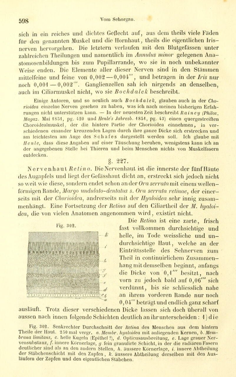 sich in ein reiches und dichtes Geflecht auf, aus dem theils viele Fäden für den genannten Muskel und die Hornhaut^ theils die eigentlichen Iris- nerven hervorgehen. Die letztern verlaufen mit den Blutgefässen unter zahlreichen Theilungen und namentlich im Aniiulus minor gelegenen Ana- stomosenbildungen bis zum Pupillarrande, wo sie in noch unbekannter Weise enden. Die Elemente aller dieser Nerven sind in den Stämmen mittelfeine und feine von 0,002 — 0,004', und betragen in der Iris nur noch 0,001 —0,002'. Ganglienzellen sah ich nirgends an denselben, auch im Ciliarmuskel nicht, wo sie Bochdalek beschreibt. Einige Autoren, und so neulich auch Bochdalek, glauben auch in der Cho- rioidea einzelne Nerven gesehen zu haben, was ich nach meinen bisherigen Erfah- rungen nicht unterstützen kann. — In der neuesten Zeit beschreibt Rainey (Philos. Magaz. Mai 1851, pg. 420 und Henle's Jahresb. 1851, pg. 43) einen quergestreiften Choroidealmuskel, der die hintere Partie der Chorioidea einnehmen, in ver- schiedenen einander kreuzenden Lagen durch ihre ganze Dicke sich erstrecken und am leichtesten am Auge des Schafes dargestellt werden soll. Ich glaube mit He nie, dass diese Angaben auf einer Täuschung beruhen, wenigstens kann ich an der angegebenen Stelle bei Thieren und beim Menschen nichts von Muskelfasern entdecken. §. m. ]^ er\enhani Retina. Die Nervenhaut ist die innerste der fünf Häute des Augapfels und liegt der Gefässhaut dicht an, erstreckt sich jedoch nicht so weit wie diese, sondern endet schon ander Ora ser rata mit einem wellen- förmigen Rande, Margo undulato-dentatus s. Ora serrata retinae^ der einer- seits mit der Chorioidea^ andrerseits mit der Hyaloidea sehr innig zusam- menhängt. Eine Fortsetzung der Retina auf den Ciliartheil der M. hyaloi- dea^ die von vielen Anatomen angenommen wird, existirt nicht. Die Retina ist eine zarte, frisch fast vollkommen durchsichtige und helle, im Tode weissliche und un- durchsichtige Haut, welche an der i Eintrittsstelle des Sehnerven zum ^ ^ Theil in continuirlichem Zusammen- ? hang mit demselben beginnt, anfangs l die Dicke von 0,1' besitzt, nach ' ^ ^ vorn zu jedoch bald auf 0,06' sich i f ^ verdünnt, bis sie schliesslich nahe %H aii ihrem vorderen Rande nur noch 0,04' beträgt und endlich ganz scharf ausläuft. Trotz dieser verschiedenen Dicke lassen sich doch überall von aussen nach innen folgende Schichten deutlich an ihr unterscheiden : 1) die Fig. 302. Senkrechter Durchschnitt der Retina des Menschen aus dem hintern Theile der Haut. 250 mal vergr. a.Membr. hyaloidea mit anliegenden Kernen, h. Mem- brana Umitans, c. helle Kugeln (Epithel?), d. Opticusausbreitung, e. Lage grauer Ner- vensubstanz, f. innere Körnerlage, g. fein granulirte Schicht, in der die radiären Fasern deutlicher sind als an den andern Stellen, h. äussere Körnerlage, i. innere Abtheilung der Stäbchenschicht mit den Zapfen , k. äussere Abtheilung derselben mit den Aus- läufern der Zapfen und den eigentlichen Stäbchen.
