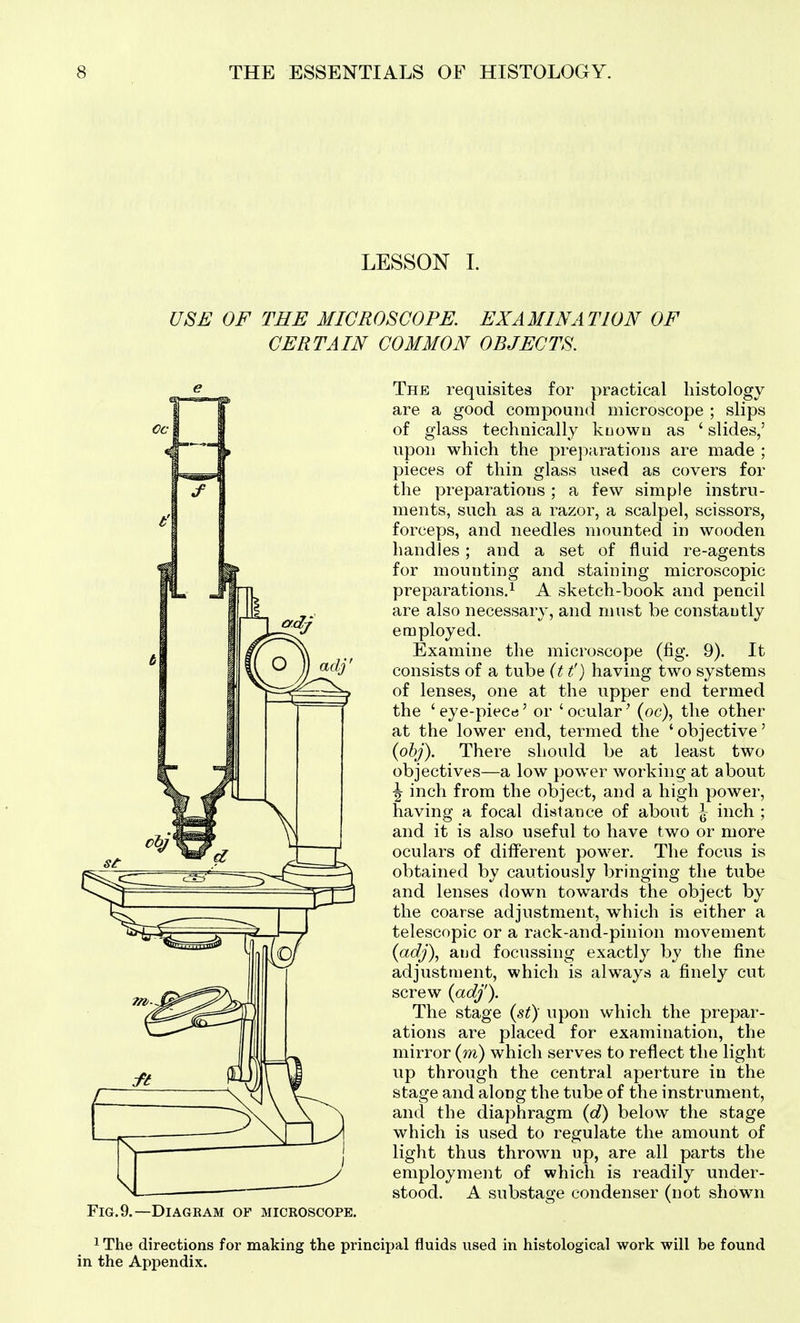 LESSON 1. USE OF THE MICROSCOPE. EXAMINATION OF CERTAIN COMMON OBJECTS. Fig. 9.—Diagram op microscope. The requisites for practical histology are a good compound microscope ; slips of glass technically kuown as ' slides,' upon which the preparations are made ; pieces of thin glass used as covers for the preparations ; a few simple instru- ments, such as a razor, a scalpel, scissors, forceps, and needles mounted in wooden handles; and a set of fluid re-agents for mounting and staining microscopic preparations.^ A sketch-book and pencil are also necessary, and must be constautly employed. Examine the microscope (fig. 9). It consists of a tube (t t') having two systems of lenses, one at the upper end termed the 'eye-piecri' or 'ocular' (oc), the other at the lower end, termed the ' objective' {ohj). There should be at least two objectives—a low power working at about \ inch from the object, and a high power, having a focal distance of about \ inch ; and it is also useful to have two or more oculars of diiferent power. The focus is obtained by cautiously bringing the tube and lenses down towards the object by the coarse adjustment, which is either a telescopic or a rack-and-pinion movement {adj\ aud focussing exactly by the fine adjustment, which is always a finely cut screw (adf). The stage (st) upon which the prepar- ations are placed for examination, the mirror (m) which serves to reflect the light up through the central aperture in the stage and along the tube of the instrument, and the diaphragm (d) below the stage which is used to regulate the amount of light thus thrown up, are all parts the employment of which is readily under- stood. A substage condenser (not shown 1 The directions for making the principal fluids used in histological work will be found in the Appendix.