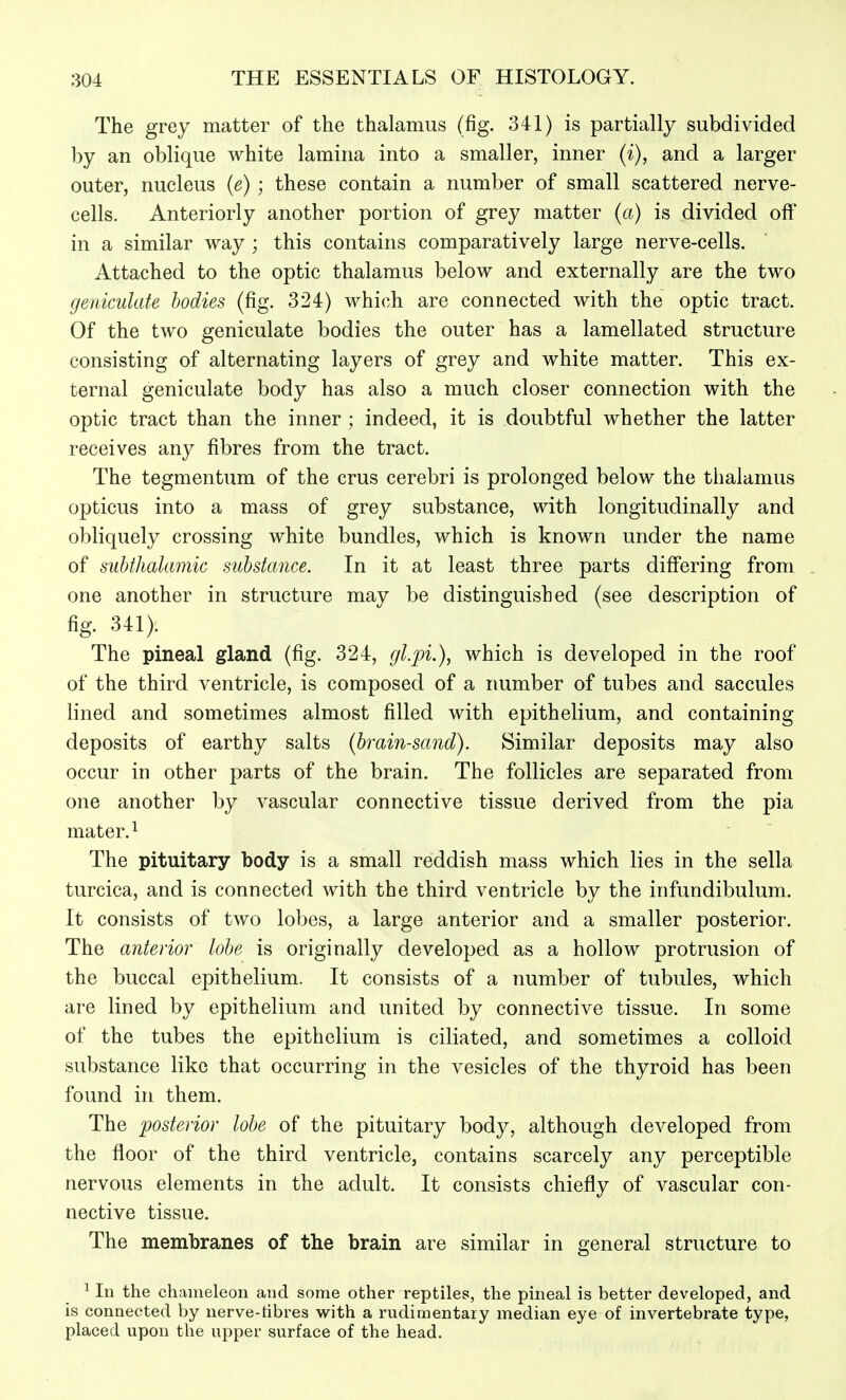 The grey matter of the thalamus (fig. 341) is partially subdivided by an oblique white lamina into a smaller, inner (i), and a larger outer, nucleus {e) ; these contain a number of small scattered nerve- cells. Anteriorly another portion of grey matter (a) is divided off in a similar way ; this contains comparatively large nerve-cells. Attached to the optic thalamus below and externally are the two geniculate bodies (fig. 324) which are connected with the optic tract. Of the two geniculate bodies the outer has a lamellated structure consisting of alternating layers of grey and white matter. This ex- ternal geniculate body has also a much closer connection with the optic tract than the inner ; indeed, it is doubtful whether the latter receives any fibres from the tract. The tegmentum of the crus cerebri is prolonged below the thalamus opticus into a mass of grey substance, with longitudinally and obliquely crossing white bundles, which is known under the name of subthalamic substance. In it at least three parts differing from one another in structure may be distinguished (see description of fig. 341). The pineal gland (fig. 324, gl.pi.), which is developed in the roof of the third ventricle, is composed of a number of tubes and saccules lined and sometimes almost filled with epithelium, and containing deposits of earthy salts {brain-sand). Similar deposits may also occur in other parts of the brain. The follicles are separated from one another by vascular connective tissue derived from the pia mater. 1 The pituitary body is a small reddish mass which lies in the sella turcica, and is connected with the third ventricle by the infundibulum. It consists of two lobes, a large anterior and a smaller posterior. The anterior lobe is originally developed as a hollow protrusion of the buccal epithelium. It consists of a number of tubules, which are lined by epithelium and united by connective tissue. In some of the tubes the epithelium is ciliated, and sometimes a colloid substance like that occurring in the vesicles of the thyroid has been found in them. The posterior lobe of the pituitary body, although developed from the floor of the third ventricle, contains scarcely any perceptible nervous elements in the adult. It consists chiefly of vascular con- nective tissue. The membranes of the brain are similar in general structure to ^ In the chameleon and some other reptiles, the pineal is better developed, and is connected by nerve-tibres with a rudimentary median eye of invertebrate type, placed upon the upper surface of the head.