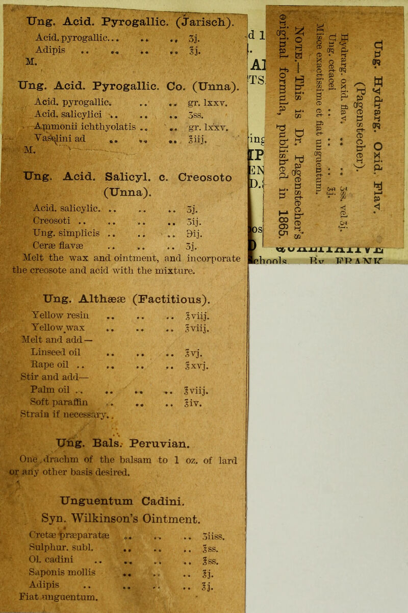 XTng. Acid. Pyrogallic. (Jarisch). Acid, pyrogallic , 3j. Adipis .. .. .. ?3. M. Ung. Acid. Pyrogallic. Co. (Unna). Acid, pyrogallic. .. .. gr. Ixxv. Acid, salicylici .. .. .. 5ss. Apimonii iclithyolatis .« ., gr. Ixxv. lini ad ?iii. Ung. Acid. Salicyl. c. Creosoto (Unna). Acid, salicylic 3j. Creosoti 3ij. Ung. simplicis .. .. Bij. Ceree flavee 3j. Melt the wax and ointment, and incorporate the creosote and acid with the mixture. id 1 A] TS, in^ [P tel CO OS o B pi O CD 5 ^ so' Q O te, ^B. M_ 2 CD ft) <rt- 1=J5 P p CD ct- <^ I O CD 1-^ W Pi Of? O Pi 01 vizx.UX XX1.X jL V Ji^ Ung. Althae^e (Factitious). Yellow resin .Iviij. Yellow_wax oviij. Melt and add — Linseeti oil .5vj. Rape oil .^xvj. Stir and add— Palm oil .. .. .. .Iviij. Soft paraffin , 5iv. Strain if necessfuy.. U£g. Bals.- Peruvian. One . drachm of the balsam to 1 oz. of lard or ariy other basis desired. Unguentum Cadini. Syn. Wilkinson's Ointment. Cretae't>r8eparatge o. .. .. 3iiss. Sulphur, subl. 5ss. 01, cadini .. Jss. Saponis mollis .. Adipis .. .. .Ij. Fiat uuguentum.