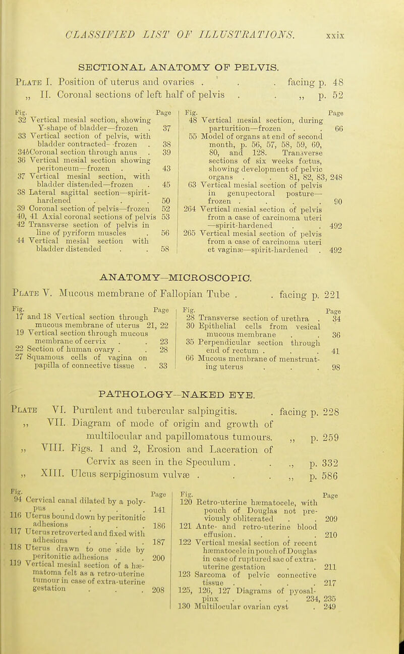 SECTIONAL ANATOMY OP PELVIS. Plate I. Position of uterus and ovaries . . . facing p. 48 „ ir. Coronal sections of left half of pelvis . . ,, p. 52 Fig. Page 32 Vertical mesial section, showing Y-shape of bladder—frozen . 37 33 Vertical section of pelvis, with bladder contracted- -frozen . 38 34fcOoronal section through anus . 39 30 Vertical mesial section showing peritoneum—frozen . . 43 37 Vertical mesial section, with bladder distended—frozen . 45 38 Lateral sagittal section—spirit- hardened . . .50 39 Coronal section of pelvis—frozen 52 40, 41 Axial coronal sections of pelvis 53 42 Transverse section of pelvis in line of ijyriform muscles . 56 44 Vertical mesial section with bladder distended . . 58 | Fig. Page 48 Vertical mesial section, during parturition—frozen . . 6(5 55 Model of organs at end of second month, p. 56, 57, 58, 59, 60, 80, and 128. Transverse sections of six weeks foetus, showing development of pelvic organs . . 81, 82, 83, 248 63 Vertical mesial section of pelvis in genupectoral postiu-e— frozen . . . .90 264 Vertical mesial section of pelvis from a case of carcinoma uteri —spirit-hardened . . 492 265 Vertical mesial section of pelvis from a case of carcinoma uteri et vaginae—spirit-hardened . 492 ANATOMY—MIOROSOOPIO. Plate V. Mucous membrane of Fallopian Tube . Fig. ^ Page 17 and 18 Vertical section through mucous membrane of uterus 21, 22 19 Vertical section through mucous membrane of cervix . . 23 22 Section of human ovary . . 28 27 Squamoiis cells of vagina on papilla of connective tissue . 33 . facing p. 221 Fig. Page 28 Transverse section of iirethra . 34 30 Epithelial cells from vesical mucous membrane . . 36 35 Perpendicular section through end of rectum . . .41 66 Mucous membrane of menstruat- ing uterus . . .98 PATHOLOGY-NAKED BYE. Plate VI. Purulent and tubercular salpingitis. . facing p. 228 ,, VII. Diagram of mode of origin and growth of multilocular and papillomatous tumours. ,, p. 259 „ VIII. Figs. 1 and 2, Erosion and Laceration of Cervix as seen in the Speculum. . ., p. 332 ,, XIIf. Ulcus serpiginosum vulvse . . . p. 586 Fig. 94 Cervical canal dilated by a poly- pus .... 116 Uterus bound down by peritonitic adhesions 117 Uterus retroverted and fixed with adhesions 118 Uterus drawn to one side by peritonitic adhesions . 119 Vertical mesial section of a hai- matoma felt as a retro-uterine tumour in case of extra-uterine gestation Page 141 186 187 200 FiK. Page 208 120 Retro-uterine hjematocele, with pouch of Douglas not pre- viously obliterated . . 209 121 Ante- and retro-uterine blood effusion. . . . 210 122 Vertical mesial section of recent hfematocele in pouch of Douglas in case of ruptured sac of extra- uterine gestation . . 211 123 Sarcoma of i)elvic connective tissue .... 217 125, 120, 127 Diagrams of pyosal- pinx . . . 234, 235 130 Multilocular ovarian cyst . 249