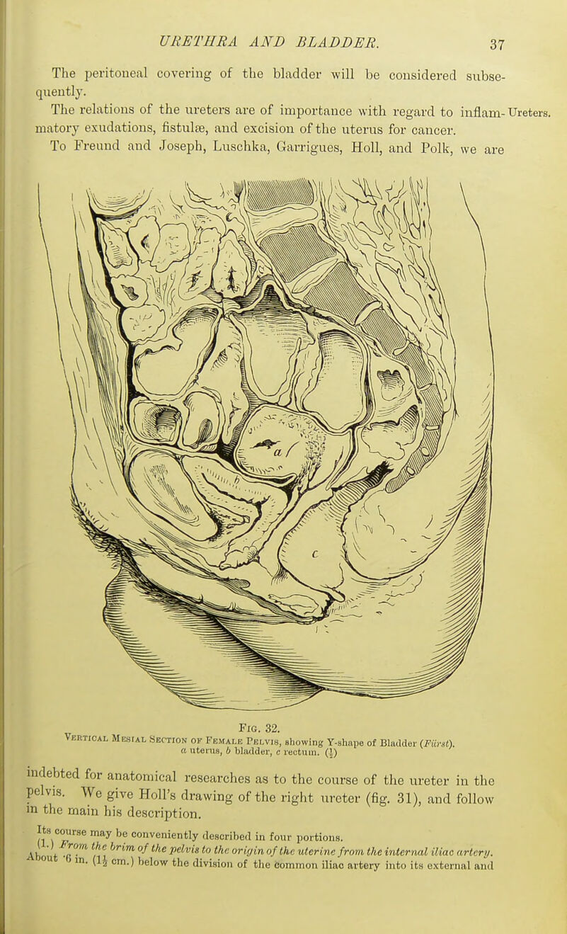 The peritoneal covering of the bladder will be considered subse- quently. The relations of the ureters are of importance with regard to inflam-Ureters, matory exudations, fistulte, and excision of the uterus for cancer. To Freund and Joseph, Luschka, Garrigues, Holl, and Polk, we are Fig. 32. Vertical Mesial Section ok Female Pelvis, showing Y-shape of Bladder iFiinl\ a uteruB, 6 bladder, c rectum. (!) indebted for anatomical researches as to the course of the ureter in the pelvis. We give Holl's drawing of the right ureter (fig. 31), and follow in the main his description. Its course may be conveniently described in four portions. About f^ ^^^^ °^ ^° uterine from the internal iliac artery. t) m. (IJ cm.) below the division of the common iliao artery into its external and