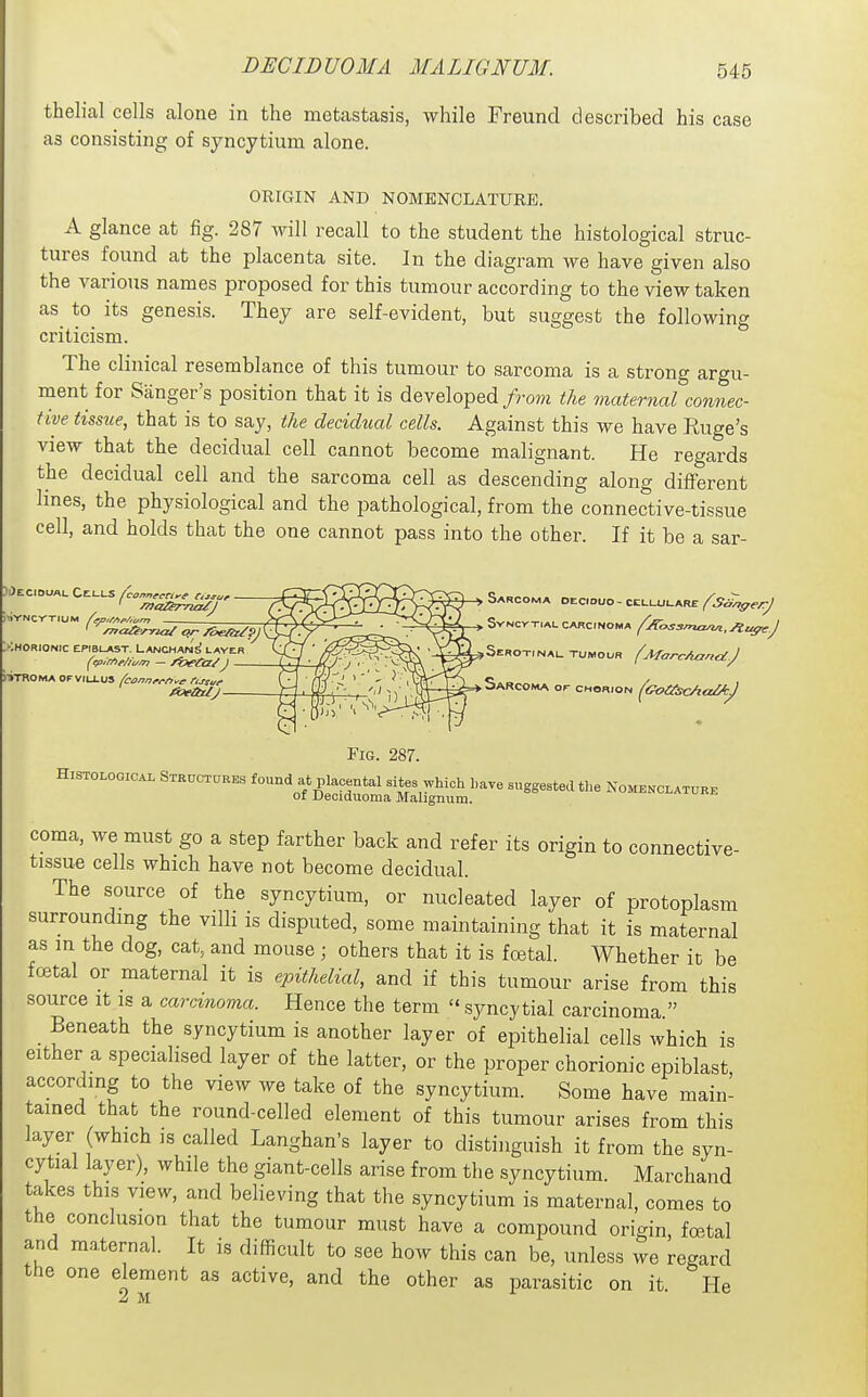 thelial cells alone in the metastasis, while Freund described his case as consisting of syncytium alone. ORIGIN AND NOMENCLATURE. A glance at fig. 287 will recall to the student the histological struc- tures found at the placenta site. In the diagram we have given also the various names proposed for this tumour according to the view taken as to its genesis. They are self-evident, but suggest the following criticism. The clinical resemblance of this tumour to sarcoma is a strong argu- ment for Sanger's position that it is developed from the maternal connec- tive tissue, that is to say, the decidual cells. Against this we have Euge's view that the decidual cell cannot become malignant. He regards the decidual cell and the sarcoma cell as descending along different hues, the physiological and the pathological, from the connective-tissue cell, and holds that the one cannot pass into the other. If it be a sar- )i)eciouai. Cells fconnrca.'f r/>w CHORIONIC EPIBLAST. LANCHAM^ LAYER ^epir/ie/iuJTj — /i?eti2/J l-»TROMA OF VILLUS /cannfrn^r flssur 1, Sarcoma oeciduo- celujlare fS^/igerJ Syncytial CARCINOMA f/Cossma/m,At/ffe.J Scroti NAL tumour {MarcAanct.J ». Sarcoma of chorion (coOscAcMJ Fig. 287. Histological Structhres found at placental sites which have suggested the Nomenclature of Deoiduoma Malignum. coma, we must go a step farther back and refer its origin to connective- tissue cells which have not become decidual. The source of the syncytium, or nucleated layer of protoplasm surrounding the villi is disputed, some maintaining that it is maternal as in the dog, cat, and mouse ; others that it is fojtal. Whether it be fcetal or maternal it is epithelicd, and if this tumour arise from this source it is a carcinoma. Hence the term  syncytial carcinoma. Beneath the syncytium is another layer of epithelial cells which is either a specialised layer of the latter, or the proper chorionic epiblast according to the view we take of the syncytium. Some have main- tained that the round-celled element of this tumour arises from this layer (which is called Langhan's layer to distinguish it from the syn- cytial layer), while the giant-cells arise from the syncytium. Marchand takes this view, and believing that the syncytium is maternal, comes to the conclusion that the tumour must have a compound origin foetal and maternal. It is difficult to see how this can be, unless we regard the one element as active, and the other as parasitic on it. He 2i M