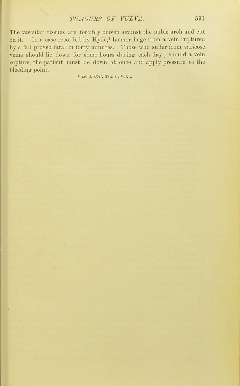 The vascular tissues are forcibl}' driven against the pubic arch and cut on it. In a case recorded by Hyde/ hfemorrhage from a vein ruptured by a fall proved fixtal in forty minutes. Tliose who suffer from varicose veins should lie down for some hours during each day ; should a vein rupture, the patient must lie down at once and apply pressure to the bleeding point. 1 Lond. Obst, Trans., Vol. x