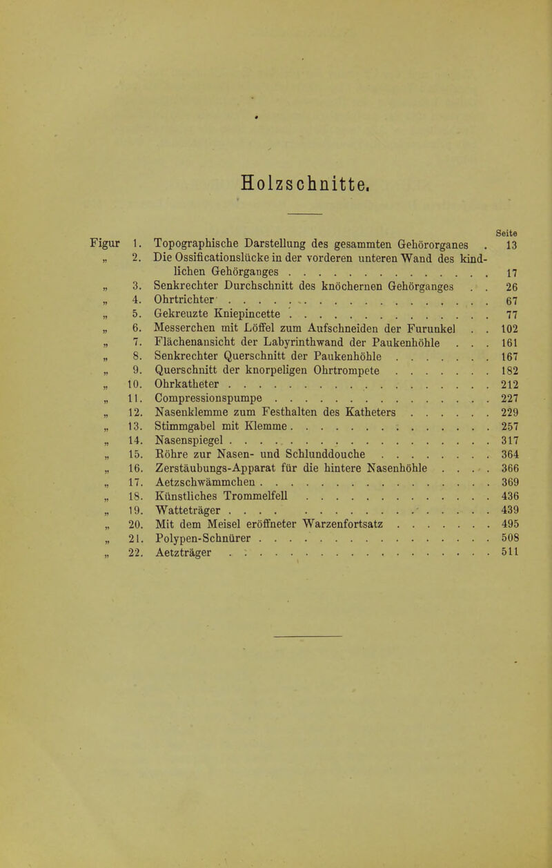 Holzschnitte. Seite Figur 1. Topographische Darstellung des gesammten Gehörorganes . 13 „ 2. Die Ossificationslücke in der vorderen unteren Wand des kind- lichen Gehörganges 17 „ 3. Senkrechter Durchschnitt des knöchernen Gehörganges . . 26 „ 4. Ohrtrichter 67 „ 5. Gekreuzte Kniepincette 77 „ 6. Messerchen mit Löffel zum Aufschneiden der Furunkel . . 102 „ 7. Flächenansicht der Labyrinth wand der Paukenhöhle . . . 161 „ 8. Senkrechter Querschnitt der Paukenhöhle 167 „ 9. Querschnitt der knorpeligen Ohrtrompete 182 10. Ohrkatheter 212 „ 11. Compressionspumpe 227 „ 12. Nasenklemme zum Festhalten des Katheters 229 „ 13. Stimmgabel mit Klemme 257 „ 14. Nasenspiegel 317 „ 15. Köhre zur Nasen- und Schlunddouche 364 16. Zerstäubungs-Apparat für die hintere Nasenhöhle .... 366 „ 17. Aetzschwämmchen 369 18. Künstliches Trommelfell 436 19. Watteträger - 439 „ 20. Mit dem Meisel eröffneter Warzenfortsatz 495 „ 21. Polypen-Schnürer 508 „ 22. Aetzträger . : 511