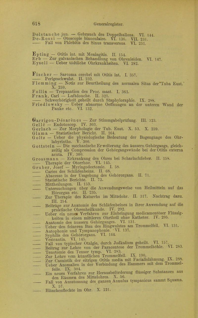 Delstanche jun. — Gebrauch des Doppelballons. VI. 144. De-Rossi — Otoscopie binoculaire. Yl. 13(i. VII. 231. Fall von Phlebitis des Sinus transversus. VI. 231. Epting — Otitis int. mit Meningitis. II. 154. Erb — Zur galvanischen Behandlung von Ohrenleiden. VI. 147. Eysell — Ueber tödtliche Ohrkrankheiten. VI. 282. Fischer — Sarcoma cerebri mit Otitis int. I. 357. Perlgeschwulst. II. 232. Flemming — Notiz zur Beurtheilung des normalen Situs der'Tuba Eust. X. 259. F oll in — Trepanation des Proc. mast. I. 361. Frank, Carl — Luftdouche. II. 321. Schwerhörigkeit geheilt durch Staphyloraphie. IX. 288. Friedlowsky — Ueber abnorme Oetfnungen an der unteren Wand der Pauke etc. VI. 132. ' Crarrigou-Desarenes — Zur Stimmgabelprüfung. III. 323. Gelle — Endotoscop. IV. 303. Gerlach — Zur Morphologie der Tub. Eust. X. 53. X. 259. Glama — Statistischer Bericht. II. 164. Goltz — Ueber die physiologische Bedeutung der Bogengänge des Ohr- labyrinths. V. 300. Gottstein — Die mechanische Erweiterung des äussern Gehörgangs, gleich- zeitig als Compression der Gehörgangswände bei der Otitis externa acuta. IV. 300. Grossmann — Erkrankung des Ohres bei Scharlachfieber. II. 158. Therapie der Otorrhoe. VI. 145. Grub er, Josef — Myringodectomie. I. 58. Caries des Schläfenbeins. II. 68. Abscesse in der Umgebung des Gehörorgans. II. 71. Statistische Berichte. II. 72. Mittheilungen. II. 153. Untersuchungen über die Anwendungsweise von Heilmitteln auf das Hörorgan etc. H. 235. Zur Therapie des Katarrhs im Mittelohr. II. 317. Nachtrag dazu. III. 254. Beiträge zur Anatomie des Schläfenbeines in ihrer Anwendung aut die praktische Ohrenheilkunde. IV. 292. Ueber ein neues Verfahren zur Einbringung medicamentöser Flüssig- keiten in einen mittleren Ohrtheil ohne Katheter. IV. 295. — Anatomie des äussern Gehörganges. VI. 131. . Ueber den feineren Bau des Ringwulstes am Trommelteil. vi. 131. Autophonie und Tympanophonie. VI. 137. Syphilis des Gehörorgans. VI. 144. Vesicantia. VI. 145. ' Fall von typischer Otalgie, durch Jodkalium geheilt. VI. lo <• Beitrag zur Lehre von der Paracentese der Trommelhöhle. VI. 283. Tenotomie des Tensor tymp. VI. 283. Zur Lehre vom künstlichen Trommelfell. IX. 190. Zur Casuistik der eitrigen Otitis media mit Facialislähmung. IX. 288. Ueber Anomalien in der Verbindung des Hammers mit dem Trommel- felle. IX. 304. ' . Ein neues Verfahren zur Herausbeförderung flüssiger Substanzen aus den Räumen des Mittelohres. X. 56. Fall von Ausstossung des ganzen Annulus tympanicus sammt bquania, X. 57. Bläschenflechte im Ohr. X. 221.