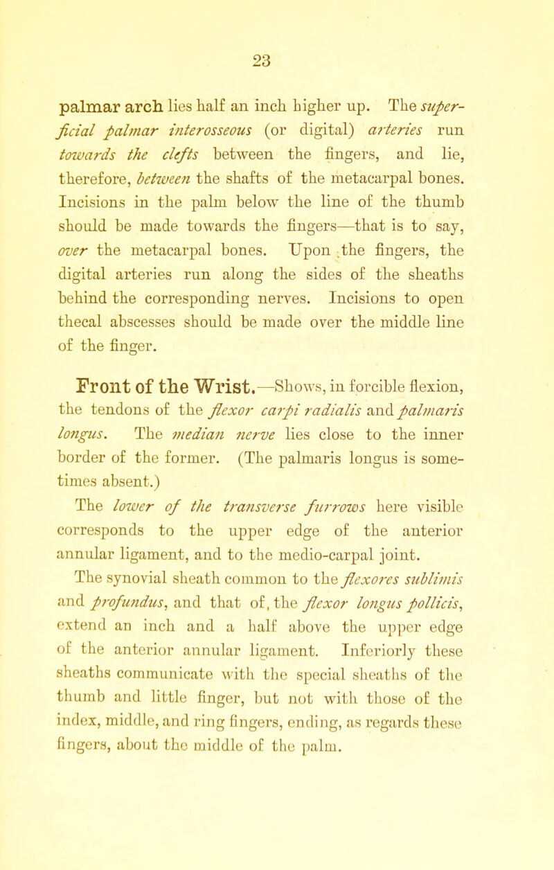 palmar arch lies half an inch higher up. The super- ficial palmar interosseous (or digital) aiieries run towards the clefts between the fingers, and lie, therefore, between the shafts of the metacarpal bones. Incisions in the palm below the line of the thumb should be made towards the fingers—that is to say, over the metacarpal bones. Upon the fingers, the digital arteries run along the sides of the sheaths behind the corresponding nerves. Incisions to open thecal abscesses should be made over the middle line of the finger. Front of the Wrist.—Shows, in forcible flexion, the tendons of the fiexor carpi radialis and pal/iiaris longus. The 7nedian nerve lies close to the inner border of the former. (The palmaris longus is some- times absent.) The lower of the transverse fcrrows here visible corresponds to the upper edge of the anterior annular ligament, and to the medio-carpal joint. The synovial sheath common to the flexores suMimis and profundus, and that of, the flexor longus pollicis, extend an inch and a half above the upper edge of the anterior annular ligament. Inferiorly these sheaths communicate with the special sheaths of the thumb and little finger, but not with those of the index, middle, and ring fingers, ending, as regards these fingers, about the middle of the palm.