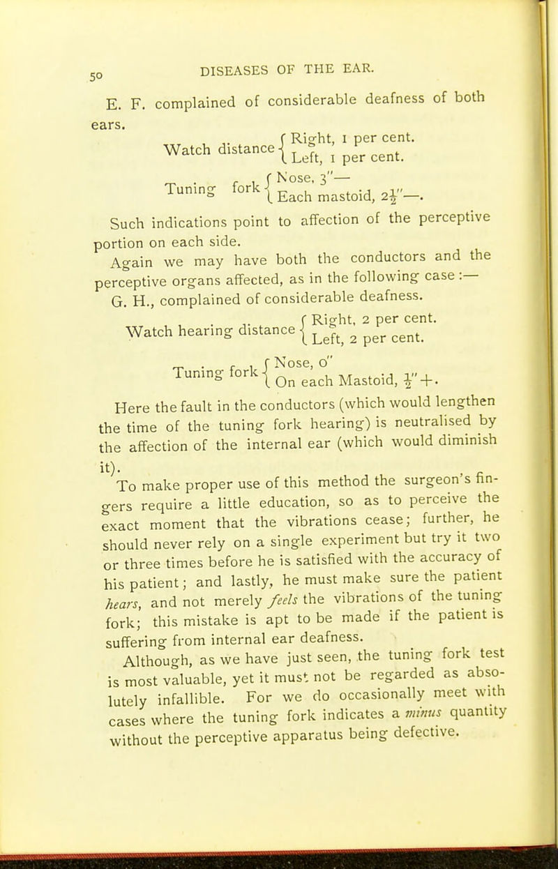 E. F. complained of considerable deafness of both ears. , f Rig-ht, I per cent. Watch per cent. rr. • r 1 f Nose, 3 Tuning Such indications point to affection of the perceptive portion on each side. Again we may have both the conductors and the perceptive organs affected, as in the following case :— G. H., complained of considerable deafness. f Right, 2 per cent. Watch hearmg distance | ^^^^^ ^ _ . r , f Nose, o Tuning forkj^^ each Mastoid, + . Here the fault in the conductors (which would lengthen the time of the tuning fork hearing) is neutralised by the affection of the internal ear (which would diminish it). . To make proper use of this method the surgeon's fin- gers require a little education, so as to perceive the exact moment that the vibrations cease; further, he should never rely on a single experiment but try it two or three times before he is satisfied with the accuracy of his patient; and lastly, he must make sure the patient hears, and not merely/f^/j the vibrations of the tuning fork;' this mistake is apt to be made if the patient is suffering from internal ear deafness. Although, as we have just seen, the tuning fork test is most valuable, yet it must not be regarded as abso- lutely infallible. For we do occasionally meet with cases where the tuning fork indicates a vnms quantity without the perceptive apparatus being defective.