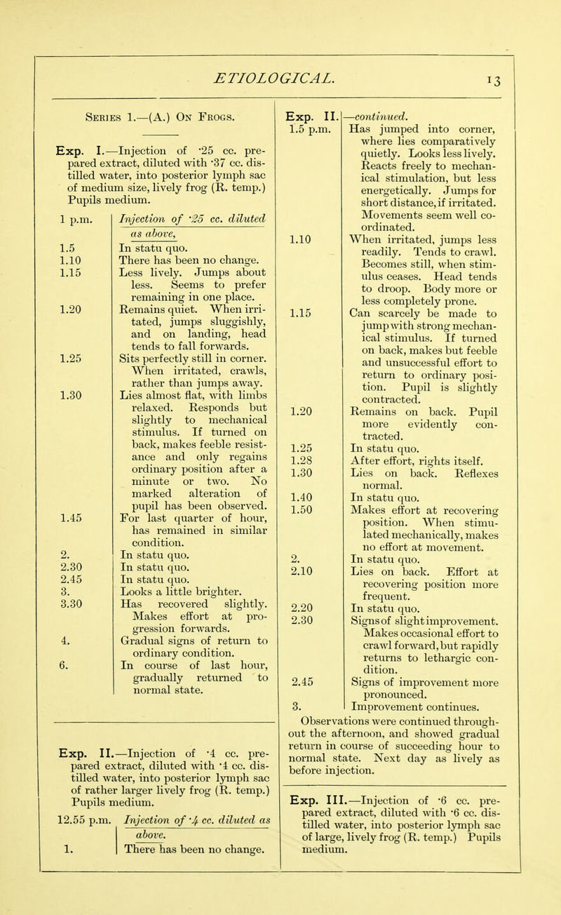 Series 1.—(A.) On Frogs. Exp. I.—Injection of '25 cc. pre- pared extract, diluted with *37 cc. dis- tilled water, into posterior lymph sac of medium size, lively frog (R. temp.) Pupils medium. 1 p.m. 1.5 1.10 1.15 1.20 1.25 1.30 1.45 2. 2.30 2.45 3. 3.30 6. Injection of '25 cc. diluted as above, In statu quo. There has been no change. Less lively. Jumps about less. Seems to prefer remaining in one place. Remains quiet. When irri- tated, jumps sluggishly, and on landing, head tends to fall forwards. Sits perfectly still in corner. When irritated, crawls, rather than jumps away. Lies almost flat, with limbs relaxed. Responds but slightly to mechanical stimulus. If turned on back, makes feeble resist- ance and only regains ordinary position after a minute or two. No marked alteration of pupil has been observed. For last quarter of hour, has remained in similar condition. In statu quo. In statu quo. In statu quo. Looks a little brighter. Has recovered slightly. Makes effort at pro- gression forwards. Gradual signs of return to ordinary condition. In course of last hour, gradually returned to normal state. Exp. II.—Injection of '4 cc. pre- pared extract, diluted with '4 cc. dis- tilled water, into posterior lymph sac of rather larger lively frog (R. temp.) Pupils medium. 12.55 p.m. Injection of'4 cc. diluted as above. There has been no change. 1.10 1.15 Exp. II. —continued. 1.5 p.m. Has jumped into corner, where lies comparatively quietly. Looks less lively. Reacts freely to mechan- ical stimulation, but less energetically. Jumps for short distance, if irritated. Movements seem well co- ordinated. When irritated, jumps less readily. Tends to crawl. Becomes still, when stim- ulus ceases. Head tends to droop. Body more or less completely prone. Can scarcely be made to jump with strong mechan- ical stimulus. If turned on back, makes but feeble and unsuccessful effort to return to ordinary posi- tion. Pupil is slightly contracted. Remains on back. Pupil more evidently con- tracted. In statu quo. After effort, rights itself. Lies on back. Reflexes normal. In statu quo. Makes effort at recovering position. When stimu- lated mechanically, makes no effort at movement. In statu quo. Lies on back. Effort at recovering position more frequent. In statu quo. Signs of slight improvement. Makes occasional effort to crawl forward,but rapidly returns to lethargic con- dition. Signs of improvement more pronounced. 3. Improvement continues. Observations were continued through- out the afternoon, and showed gradual return in course of succeeding hour to normal state. Next day as lively as before injection. 1.20 1.25 1.28 1.30 1.40 1.50 2. 2.10 2.20 2.30 2.45 Exp. III.—Injection of 6 cc. pre- pared extract, diluted with '6 cc. dis- tilled water, into posterior lymph sac of large, lively frog (R. temp.) Pupils medium.