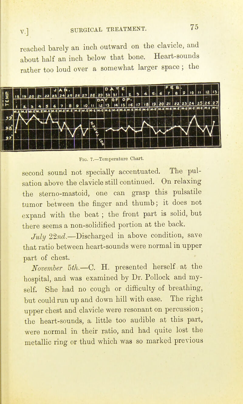 reached barely an inch outward on the clavicle, and about half an inch below that bone. Heart-sounds rather too loud over a somewhat larger space; the Fig. 7.—Temperatoe Chart. second sound not specially accentuated. The pul- sation above the clavicle still continued. On relaxing the sterno-mastoid, one can grasp this pulsatile tumor between the finger and thumb; it does not expand with the beat ; the front part is solid, but there seems a non-solidified portion at the back. July 227id.—Discharged in above condition, save that ratio between heart-sounds were normal in upper part of chest. November 5th.—C. H. presented herself. at the hospital, and was examined by Dr. Pollock and my- self. She had no cough or difficulty of breathing, but could run up and down hill with ease. The right upper chest and clavicle were resonant on percussion; the heart-sounds, a. little too audible at this part, were normal in their ratio, and had quite lost the metallic ring or thud which was so marked previous