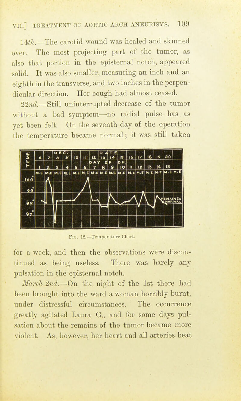 I4,th,—The carotid wound was healed and skinned over. The most projecting part of the tumor, as also that portion in the episternal notch, appeared solid. It was also smaller, measuring an inch and an eiohth in the transverse, and two inches in the perpen- dicular direction. Her cough had almost ceased. 227id.—Still uninterrupted decrease of the tumor without a bad symptom—no radial pulse has as yet been felt. On the seventh day of the operation the temperature became normal; it was still taken Fio. 12.—Temperature Chart. for a week, and then the observations were discon- tinued as being useless. There was barely any pulsation in the episternal notch. March 2nd.—On the night of the 1st there had been brought into the ward a woman horribly burnt, under distressful circumstances. The occurrence greatly agitated Laura G., and for some days pul- .^ation about the remains of the tumor became more violent. As, however, her heart and all arteries beat