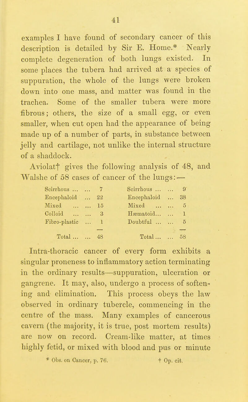 examples I have found of secondary cancer of this description is detailed by Sir E. Home * Nearly complete degeneration of both lungs existed. In some places the tubera had arrived at a species of suppuration, the whole of the lungs were broken down into one mass, and matter was found in the trachea. Some of the smaller tubera were more fibrous; others, the size of a small egg, or even smaller, when cut open had the appearance of being made up of a number of parts, in substance between jelly and cartilage, not unlike the internal structure of a shaddock. Aviolatt gives the following analysis of 48, and Walshe of 58 cases of cancer of the lungs :■— Scirrhous ... . 7 Scirrhous ... . 9 Encephaloid , 22 Encephaloid .. 38 Mixed ... . .. 15 Mixed ... . .. 5 Colloid ... . .. 3 ITsematoid... 1 Fibro-plastic . 1 Doubtful ... . .. 5 Total ... . . 48 Total... . . 58 Intra-thoracic cancer of every form exhibits a singular proneness to inflammatory action terminating in the ordinary results—suppuration, ulceration or gangrene. It may, also, undergo a process of soften- ing and elimination. This process obeys the law observed in ordinary tubercle, commencing in the centre of the mass. Many examples of cancerous cavern (the majority, it is true, post mortem results) are now on record. Cream-like matter, at times highly fetid, or mixed with blood and pus or minute * Obs. on Cancer, p. 76. t Op. cit.
