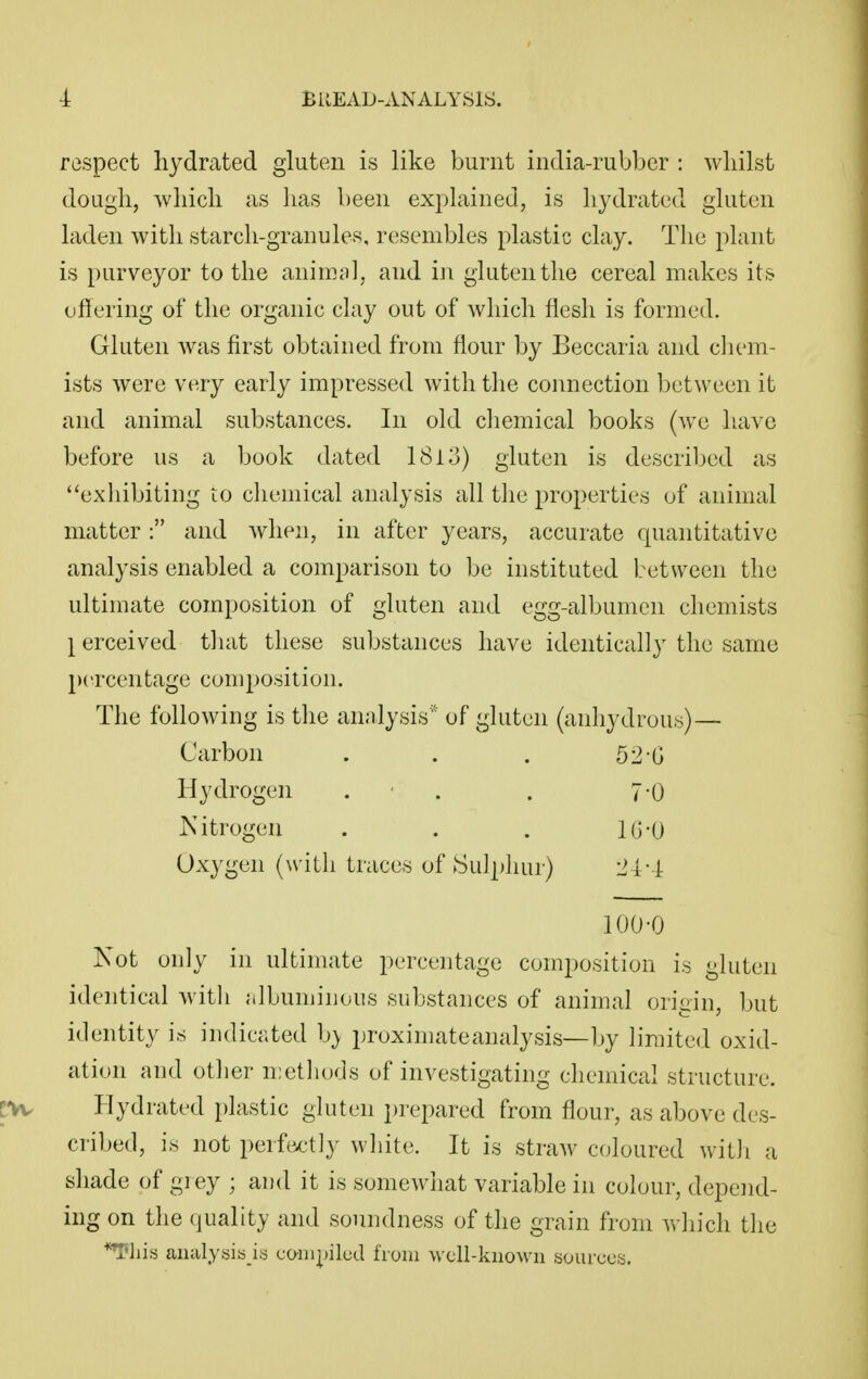 rospect hydrated gluten is like burnt india-rubber : whilst dough, which as has been explained, is hydrated gluten laden with starch-granules, resembles plastic clay. The plant is purveyor to the animal, and in gluten the cereal makes its offering of the organic clay out of which flesh is formed. Gluten was first obtained from flour by Beccaria and chem- ists Avere very early impressed with the connection l^etween it and animal substances. In old chemical books (wo have before us a book dated 1813) gluten is described as exliibiting to clieniical analysis all tlie properties of animal matter: and when, in after years, accurate quantitative analysis enabled a comparison to be instituted between the ultimate composition of gluten and egg-albumen chemists I erceived tliat these substances have identically the same percentage composition. The following is the annlysis of gluten (anhydrous)— Carbon . . . 52-G Hydrogen . • . . 7*0 JSitrogen . . . IG-U Oxygen (with traces of fSuIj)hur) lOO-O Kot only in ultimate percentage composition iy gluten identical with jilbumiiious substances of animal origin, but identity is indicated b} proximate analysis—by limited oxid- ation and other n;etli()ds of investigating chemical structure. Hydrated plastic gluten i)repared from flour, as above des- cribed, is not perfectly white. It is straw coloured with a shade of giey ; and it is somewhat variable in colour, depend- ing on the quality and soundness of the grain from which the **I'lii.s analysisjs coi)i;^)ilud fioiu well-known sources.
