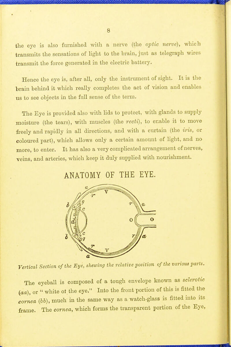 tlie eye is also furnished with a nerve (the oj;iic nerve), which transmits the sensations of hght to the brain, just as telegi'aph wires transmit the force generated in the electric battery. Hence the eye is, after all, only the mstrument of sight. It is the hraia behind it which really completes the act of vision and enables us to see objects in the full sense of the term. The Eye is provided also with lids to protect, with glands to supply moistm-e (the tears), with muscles (the recti), to enable it to move freely and rapidly in all directions, and with a curtain (the iris, or coloured part), which allows only a certaia amount of hght, and no more, to enter. It has also a very comphcated arrangement of nerves, veins, and arteries, which keep it duly supplied with nom-ishment. ANATOMY OF THE EYE. Vertical Section of the Eye, shewing the relative position of the various parts. The eyeball is composed of a tough envelope known as sclerotic (aa), or  white ot. the eye. Into the front portion of this is fitted the cornea (hh), much in the same way as a watch-glass is fitted into its frame. The cornea, which forms the transparent portion of the Eye,