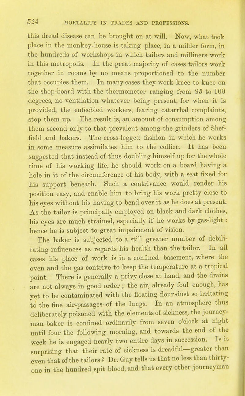 this dread disease can be brouglit on at will. Now, what took place in the monkey-house is taking place, in a milder form, in the hundreds of workshops in which tailors and milliners work in this metropolis. In the great majority of cases tailors work together in rooms by no means proportioned to the number that occupies them. In many cases they work knee to knee on the shop-board with the thermometer ranging from 95 to 100 degrees, no ventilation whatever being present, for when it is provided, the enfeebled workers, fearing catarrhal complaints, stop them up. The result is, an amount of consumption among them second only to that prevalent among the grinders of Shef- field and bakers. The cross-legged fashion in which he works in some measure assimilates him to the colliei\ It has been suggested that instead of thus doubling himself up for the whole time of his working life, he should work on a board having a hole in it of the circumference of his body, with a seat fixed for his support beneath. Such a contrivance would render his position easy, and enable him to bring his work pretty close to his eyes without his having to bend over it as he does at present. As the tailor is principally employed on black and dark clothes, his eyes are much strained, especially if he works by gas-light: hence he is subject to great impairment of vision. The baker is subjected to a still greater number of debili- tating influences as regards his health than the tailor. In all cases his place of work is in a confined basement, where the oven and the gas contrive to keep the temperature at a tropical point. There is generally a privy close at hand, and the drains are not always in good order; the air, already foul enough, has yet to be contaminated with the floating flour-dust so irritating to the fine air-passages of the lungs. In an atmosphere thus deliberately poisoned with the elements of sickness, the journey- man baker is confined ordinarily from seven o'clock at night until four the following morning, and towards the end of the week he is engaged nearly two entire days in succession. Is it surprising that their rate of sickness is dreadful—greater than even that of the tailors 1 Dr. Guy tells us that no less than thirty- one in the hundred spit blood, and that every other journeyman