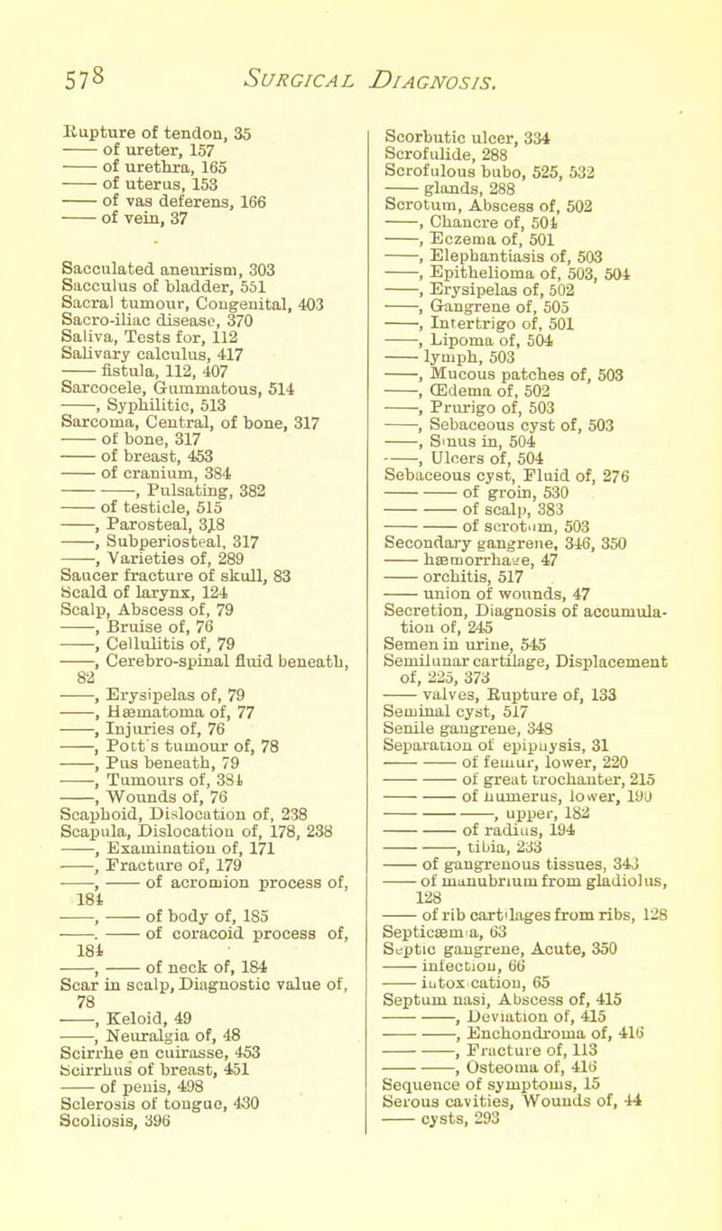 liupture of tendon, 35 of ureter, 157 of uretlira, 165 of uterus, 153 of yas deferens, 166 of vein, 37 Sacculated aneurism, 303 Sacculus of bladder, 551 Sacral tumoxir, Congenital, 403 Sacro-iliac disease, 370 Saliva, Tests for, 112 Salivary calculus, 417 fistula, 112, 407 Sarcooele, Gammatous, 514 , Syphilitic, 513 Sarcoma, Central, of bone, 317 of bone, 317 of breast, 453 of cranium, 384 , Pulsating, 382 of testicle, 515 , Parosteal, 3J8 , Subperiosteal, 317 , Varieties of, 289 Saucer fracture of skull, 83 Scald of larynx, 124 Scalp, Abscess of, 79 , Bruise of, 76 , Cellulitis of, 79 , Cerebro-spinal fluid beneath, 82 , Erysipelas of, 79 , HsBmatoma of, 77 , Injuries of, 76 —-, Pott s tumour of, 78 , Pus beneath, 79 , Tumours of, 384 , Wounds of, 76 Scaphoid, Dislocation of, 238 Scapula, Dislocation of, 178, 238 , Examination of, 171 , Fracture of, 179 , of acromion process of, 184 , of body of, 185 . of coracoid process of, 184 , of neck of, 184 Scar in scalp. Diagnostic value of, 78 , Keloid, 49 , Neuralgia of, 48 Scirrhe en ouirasse, 453 Scirrhus of breast, 451 of penis, 498 Sclerosis of tongue, 430 Scoliosis, 396 Scorbutic ulcer, 334 ScrofuUde, 288 Scrofulous bubo, 525, 532 glands, 288 Scrotum, Abscess of, 502 , Chancre of, 50i , Eczema of, 501 , Elephantiasis of, 503 , Epithelioma of, 503, 504 , Erysipelas of, 502 , Gangrene of, 505 , Intertrigo of, 501 , Lipoma of, 504 lymph, 503 , Mucous patches of, 503 , CEdema of, 502 , Prurigo of, 503 , Sebaceous cyst of, 503 , Smus in, 504 , Ulcers of, 504 Sebaceous cyst, Fluid of, 276 of groin, 530 of scalp, 383 of scrotum, 503 Secondaiy gangrene, 346, 350 hffimorrhas^e, 47 orchitis, 517 union of wounds, 47 Secretion, Diagnosis of accumula- tion of, 245 Semen in urine, 545 Semilunar cartilage. Displacement of, 225, 373 valves, Eupture of, 133 Seminal cyst, 517 Senile gangrene, 348 Separation of ei^ipuysis, 31 of femur, lower, 220 of great trochanter, 215 of humerus, lower, lyj , upper, 182 of radius, 194 , tibia, 233 of gangrenous tissues, 343 of manubrium from gladio) us, 128 of rib cartilages from ribs, 128 Septicsem a, 63 Septic gangrene. Acute, 350 infection, 66 iutox cation, 65 Septum nasi. Abscess of, 415 , Deviation of, 415 , Enchondroma of, 416 , Fracture of, 113 , Osteoma of, 416 Sequence of symptoms, 15 Serous cavities, Wounds of, 44 cysts, 293