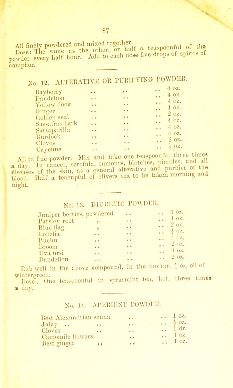 S7 S?S^1^S0^f a teaspoonful of to powder every Z! hour. Add to'each dose five drops ol sp.nts of camphor. No. 12. ALTERATIVE OR PURIFYING POWDER. All a daj diseas blood, night. Bayberry Dandelion Yellow dock Ginger Golden seal Sassafras bark Sarsaparllla Burdock Cloves Cayenne in fine powder. Mix and take In cancer, scrofula, tumour... ;es of the skin, as a general al 4 oz. 4 oz. 4 oz. 4 oz. 2 oz. 4 oz. A oz. 4 oz. 2 oz. ', oz. one teaspoonful three times blotches, pimples, and all ;erative and purifier of the of the sk n, as a general alterative .m . r1* , Half a teacupful of clivers tea to be taken morning and No. 13. DIURETIC POWDER. Juniper berries, powdered .. .. 4 07.. Parslev root „ • ■ • • * 0/ Blue flag „ •• •• Lobelia . • • • ■ ■ j °™ Buchu • • • ■ • • . ' i > ,, in/,. Broom .. • • . Uraursi •• •■ *0/ Dandelion .. •• •• - z- Rub well in the above compound, in the mortar. \ oz. oil of VT.!!<egmOne teaspoonful in spearmint tea, hot, three times a day. No. 11. APERIENT POWDER. Best Alexandrian senna Jalap .. Cloves .. Camomile (lowers Best ginger ., 1 oz. i oz. I dr. 1 oz.