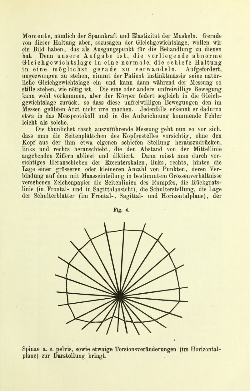 Momente, nämlich der Spannkraft und Elastizität der Muskeln. Gerade von dieser Haltung aber, sozusagen der Gleichgewichtslage, wollen wir ein Bild haben, das als Ausgangspunkt für die Behandlung zu dienen hat. Denn unsere Aufgabe ist, die vorliegende abnorme Gleichgewichtslage in eine normale, die schiefe Haltung in eine möglichst gerade zu verwandeln. Aufgefordert, ungezwungen zu stehen, nimmt der Patient instinktmässig seine natür- liche Gleichgewichtslage ein und kann dann während der Messung so stille stehen, wie nötig ist. Die eine oder andere unfreiwillige Bewegung kann wohl vorkommen, aber der Körper federt sogleich in die Gleich- gewichtslage zurück, so dass diese unfreiwilligen Bewegungen den im Messen geübten Arzt nicht irre machen. Jedenfalls erkennt er dadurch etwa in das Messprotokoll und in die Aufzeichnung kommende Fehler leicht als solche. Die thunlichst rasch auszuführende Messung geht nun so vor sich, dass man die Seitenplättchen des Kopfgestelles vorsichtig, ohne den Kopf aus der ihm etwa eigenen schiefen Stellung herauszudrücken, links und rechts heranschiebt, die den Abstand von der Mittellinie angebenden Ziffern abliest und diktiert. Dann misst man durch vor- sichtiges Heranschieben der Excenterskalen, links, rechts, hinten die Lage einer grösseren oder kleineren Anzahl von Punkten, deren Ver- bindung auf dem mit Maasseinteilung in bestimmtem Grössenverhältnisse versehenen Zeichenpapier die Seitenlinien des Rumpfes, die Rückgrats- linie (in Frontal- und in Sagittalansicht), die Schulterstellung, die Lage der Schulterblätter (im Frontal-, Sagittal- und Horizontalplane), der Fig. 4. Spinae a. s. pelvis, sowie etwaige Torsionsveränderungen (im Horizontal- plane) zur Darstellung bringt.