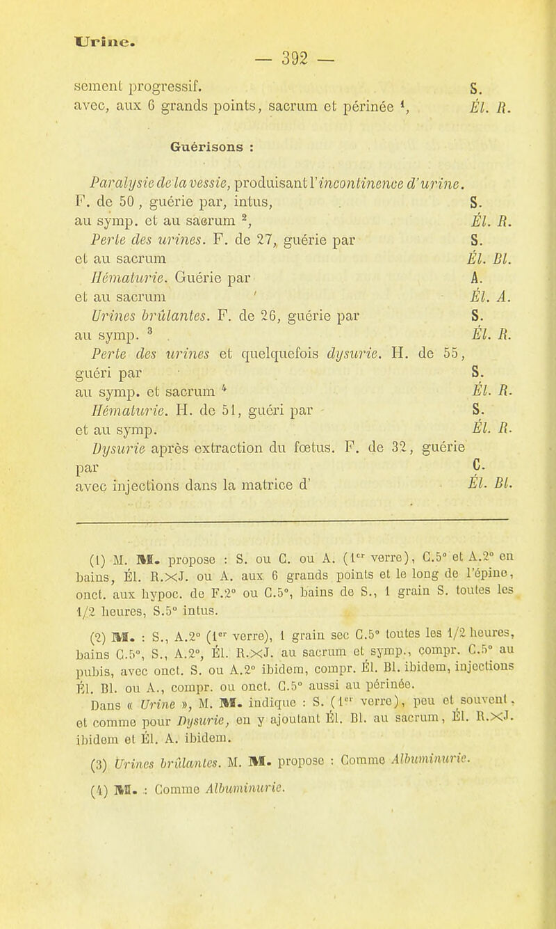 — 392 — scment progressif. S. avec, aux G grands points, sacrum et périnée ÉL R. Guérisons : Paralysie de la vessie, produisant Vimonlinenoe d'urine. F. de 50 , guérie par, intus, S- au symp. et au saeruni ^, Él. R. Perle des urines. F. de 27, guérie par S. et au sacrum Él. RI. Hématurie. Guérie par A. et au sacrum ' Él. A. Urines brûlantes. F. de 26, guérie par S. au symp. ^ El. R. Perte des urines et quelquefois dysurie. H. de 55, guéri par S. au symp. et sacrum * El. R. Hématurie. H. de 51, guéri par S. et au symp. El. R. dysurie après extraction du fœtus. F. de 32, guérie par Ç. avec injections dans la matrice d' El. Bl. (1) M. M. propose : S. ou G. ou A. (1 verre), G.5» et A.2'' en bains, Él. R.XJ. ou A. aux 6 grands points et le long de l'épine, onct. aux hypoc. do F.2° ou G.5°, bains de S., 1 grain S. toutes les 1/2 heures, S.5° intus. (2) M. : S., A.2° (!=■• verre), 1 grain sec G.5» toutes les 1/2 heures, bains G.b, S., A.2'', Él. R.xJ. au sacrum et symp., compr. C.h' au pubis, avec onct. S. ou A.2° ibidem, compr. Él. Bl. ibidem, injections Él, Bl. ou A., compr. ou onct. G.5° aussi au périnée. Dans « Urine », M. M. indique : S. (l' verre), pou cl ^souvent, et comme pour Dysurie, eu y ajoutant Él. Bl. au sacrum, lil. R.xJ. ibidem et Él. A. ibidem. (3) Urines brûlanles. M. M. propose : Comme Albuminurie.