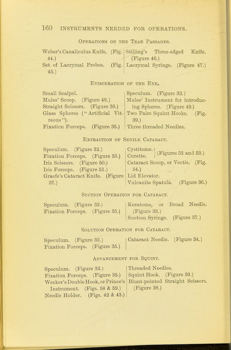 Operations on the Tear Passages. (Fig. Weber's Canaliculus Knife 44. ) Set of Lacrymal Probes. (Fig. 45. ) Selling's Three-edged Knife. (Figure 46.) Lacrymal Syringe. (Figure 47.) Evisceration of the Eye. Small Scalpel. Mules'Scoop. (Figure 48.) Straight Scissors. (Figure 38.) Glass Spheres (Artificial Vit- reous ). Fixation Forceps. (Figure 35.) Speculum. (Figure 32.) Mules' Instrument for introduc- ing Spheres. (Figure 49.) Two Pairs Squint Hooks. (Fig. 39.) Three threaded Needles. Extraction of Senile Cataract. Speculum. (Figure 32.) Fixation Forceps. (Figure 35.) Iris Scissors. (Figure 50.) Iris Forceps. (Figure 51.) Graefe's Cataract Knife. (Figure 37.) Cystitome.) Curette. f (Figures 52 and 53.) Cataract Scoop, or Vectis. (Fig. 54.) Lid Elevator. Vulcanite Spatula. (Figure 36.) Suction Operation for Cataract. Speculum. (Figure 32.) Fixation Forceps. (Figure 35.) Keratome, or Broad Needle. (Figure 33.) Suction Syringe. (Figure 57.) Solution Operation for Cataract. Cataract Needle. (Figure 34.) Speculum. (Figure 32.) Fixation Forceps. (Figure 35.) Speculum. (Figure 32.) Fixation Forceps. (Figure 35.) Wecker's Double Hook, or Prince's Instrument. (Figs. 58 & 59.) Needle Holder. (Figs. 42 & 43.) Advancement for Squint. Threaded Needles. Squint Hook. (Figure 39.) Blunt-pointed Straight Scissors. (Figure 38.)
