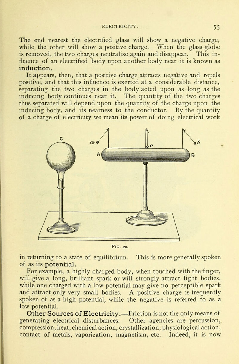 The end nearest the electrified glass will show a negative charge, while the other will show a positive charge. When the glass globe is removed, the two charges neutralize again and disappear. This in- fluence of an electrified body upon another body near it is known as induction. It appears, then, that a positive charge attracts negative and repels positive, and that this influence is exerted at a considerable distance, separating the two charges in the body acted upon as long as the inducing body continues near it. The quantity of the two charges thus separated will depend upon the quantity of the charge upon the inducing body, and its nearness to the conductor. By the quantity of a charge of electricity we mean its power of doing electrical work in returning to a state of equilibrium. This is more generally spoken of as its potential. For example, a highly charged body, when touched with the finger, will give a long, brilliant spark or will strongly attract light bodies, while one charged with a low potential may give no perceptible spark and attract only very small bodies. A positive charge is frequently spoken of as a high potential, while the negative is referred to as a low potential. Other Sources of Electricity.—Friction is not the only means of generating electrical disturbances. Other agencies are percussion, compression, heat, chemical action, crystallization, physiological action, contact of metals, vaporization, magnetism, etc. Indeed, it is now c A B