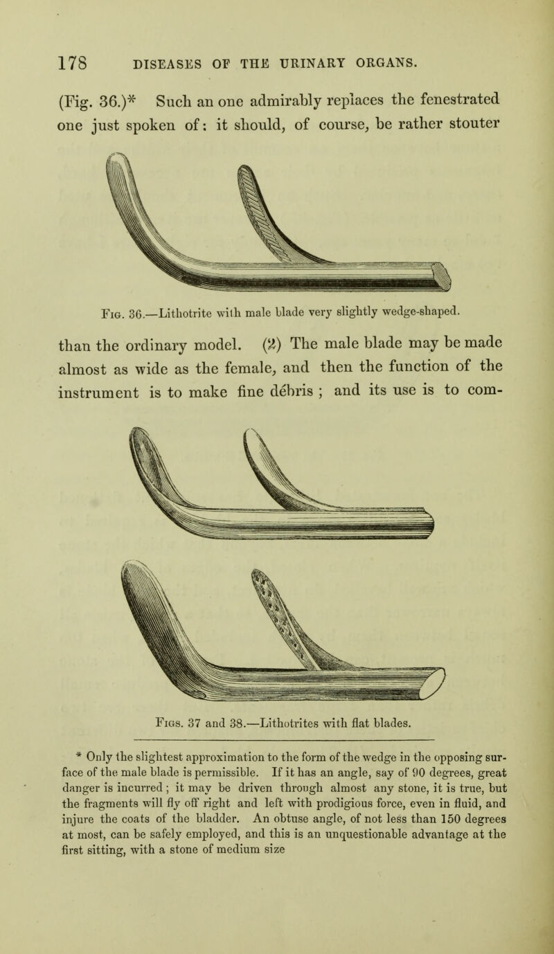 (Fig. 36.)^ Sucli an one admirably replaces the fenestrated one just spoken of: it should, of course, be rather stouter Fig. 36.—Lithotrite wilh male blade very slightly wedge-shaped. than the ordinary model. ('^) The male blade may be made almost as wide as the female, and then the function of the instrument is to make fine debris ; and its use is to com- * Only the slightest approximation to the form of the wedge in the opposing sur- face of the male blade is permissible. If it has an angle, say of 90 degrees, great danger is incurred ; it may be driven through almost any stone, it is true, but the fragments will fly off right and left with prodigious force, even in fluid, and injure the coats of the bladder. An obtuse angle, of not less than 150 degrees at most, can be safely employed, and this is an unquestionable advantage at the first sitting, with a stone of medium size Figs. 37 and 38.—Lithotrites with flat blades.